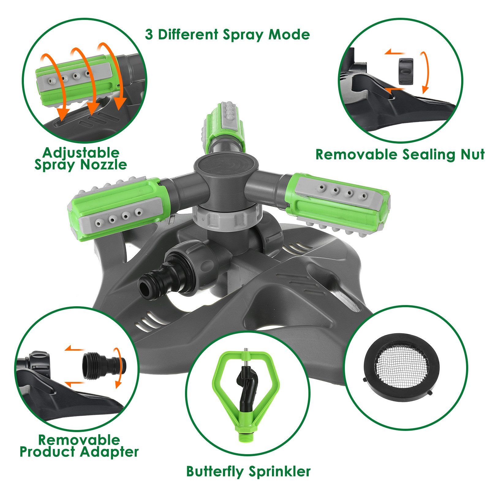 NASUM Rasenlüfter Rotierender Rasensprenger mit 3 Düsen – Effiziente Bewässerung, 30 cm Arbeitsbreite, (Bewässerungs-Set, 8-tlg., Rasensprenger mit Sprühmusterwahl), effiziente Gartenbewässerung