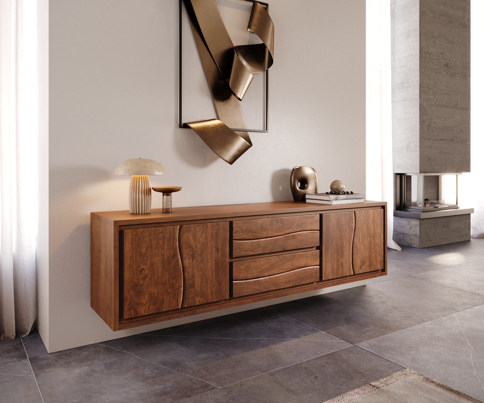 DELIFE Lowboard Live-Edge, Akazie Braun 200 cm 4 Türen 2 Schübe schwebend L günstig online kaufen