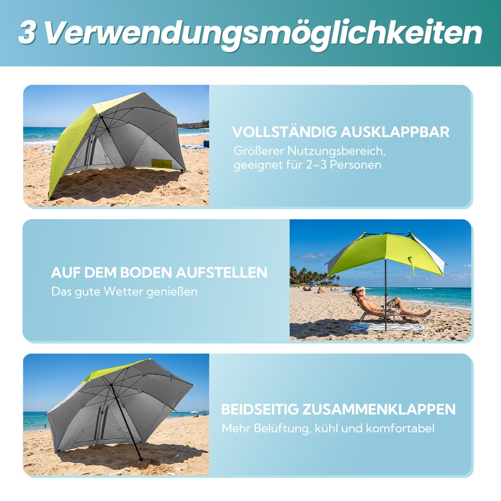 HOMECALL Strandmuschel 2 in 1 Strandschirm Umschaltbar Ø 270cm Sonnenschirm Strand Groß, (mit Fenster - Windschutz Strand, Regendicht, UV50+ Sonnenschutz), Gart – Bild 4 von 5