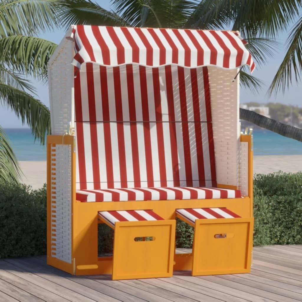 vidaXL Gartenliege Strandkorb mit Dach Poly Rattan und Massivholz Rot & Weiß, 1 St. Rot und Weiß