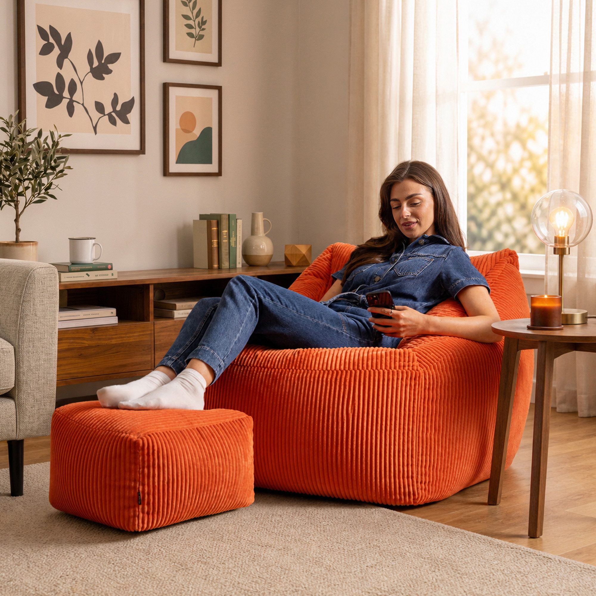 icon Sitzsack Riesen Sessel aus Cord Flauschig „Natalia" mit Hocker (Spar-Set, 1 x Sitzsack-Sessel, 1 x Fußhocker), Sitzsack XXL, Made in Germany, für Erwachsene & Kinder, für Wohnzimmer