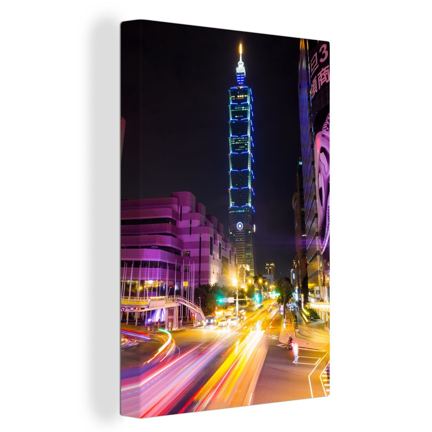 OneMillionCanvasses® Leinwandbild Der beleuchtete Taipei 101 in Taiwan bei Nacht, (1 St), Leinwandbild fertig bespannt inkl. Zackenaufhänger, Gemälde, 20x30 cm