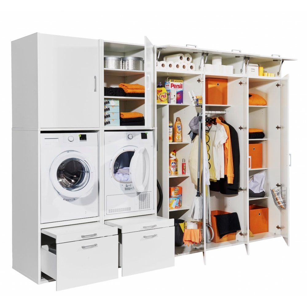 Hauswirtschaftsraum Weiß 3 Waschmaschine Consult Bega Mehrzweckschrank Trockner Mehrzweck WASHTOWER Putzschrank