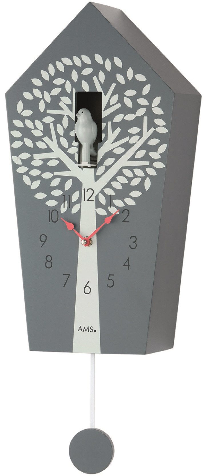 AMS Pendelwanduhr Quarzpendelwerk mit Kuckuck-Melodie, Holzgehäuse (Kuckuckruf mit automatischer Nachtabschaltung)