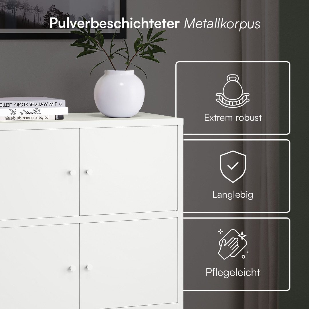 skølm Kommode Atriona aus Metall, Metallschrank mit Türen und Fächern (Weiß, 3 Fächer & 6 Türen), 113,5 x 80 x 38 cm, auch mit 2 Fächern – Bild 4 von 5