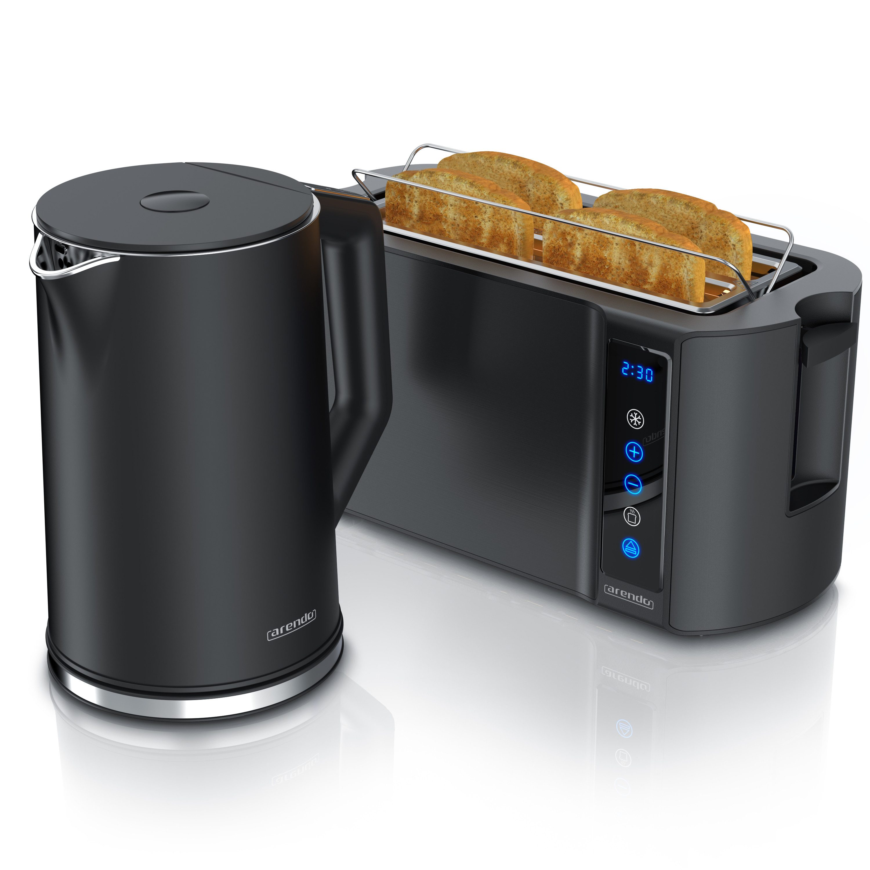 Arendo Frühstücks-Set Edelstahl Wasserkocher 1,5l, 4-Scheiben Langschlitz Toaster, schwarz (2-tlg), Wasserkocher mit Temperatureinstellung, Toaster Brötchenaufsatz, Touch
