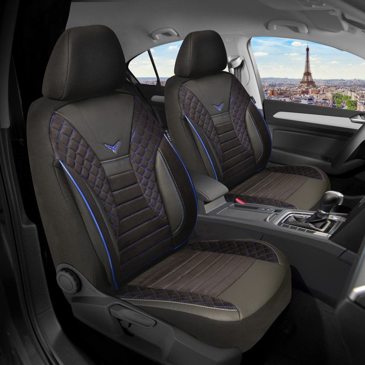 BREMER SITZBEZÜGE Autositzbezug für Mercedes CLS C218 Bj 2011-18 (PS806), Set, 2-tlg., Schonbezüge Sitzbezüge Fahrer und Beifahrer, in Schwarz/Blaue Naht