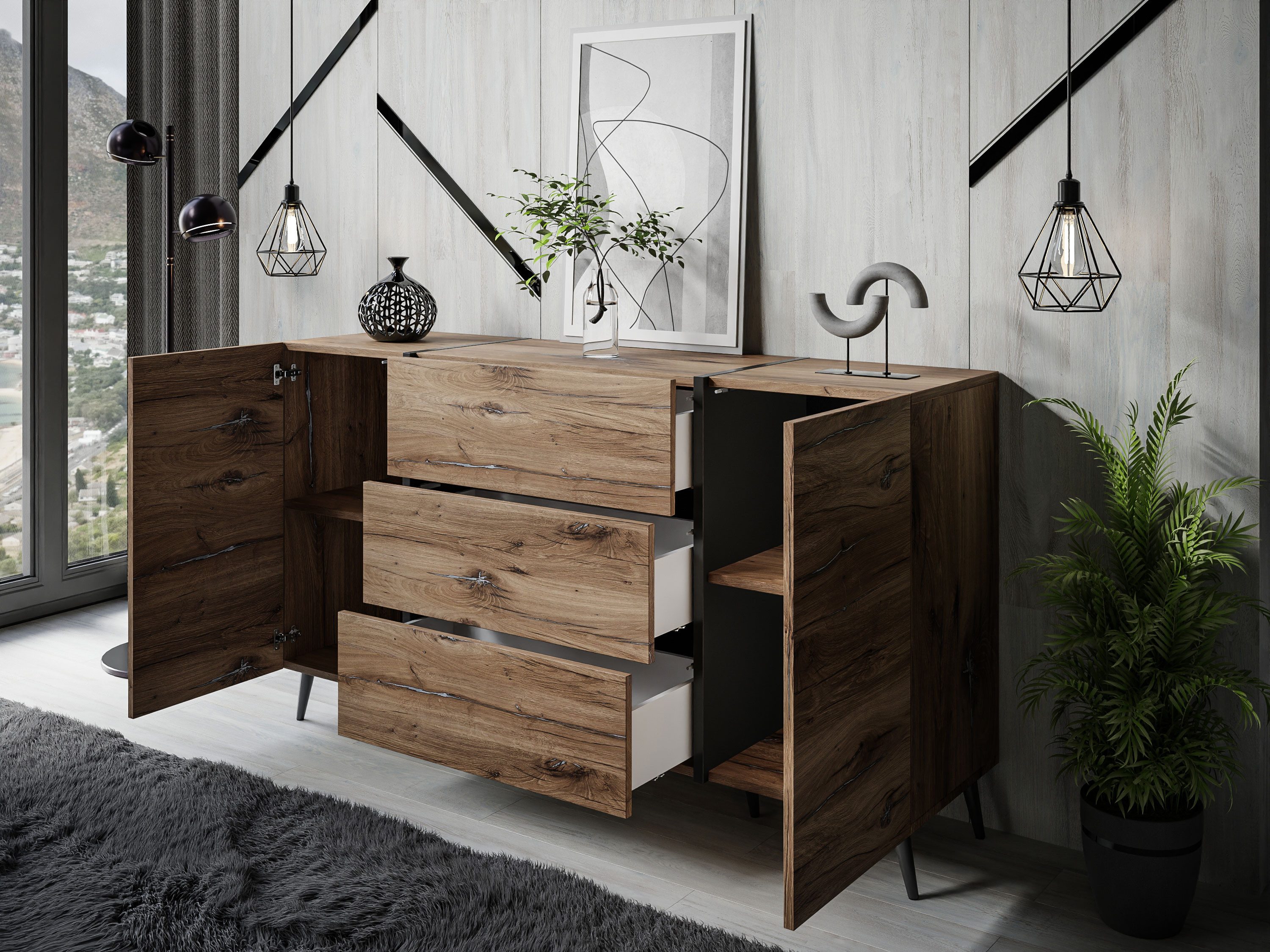 Lookway Kommode mit Schubladen ONYX LOFT auf Beinen Flagstaff Eiche