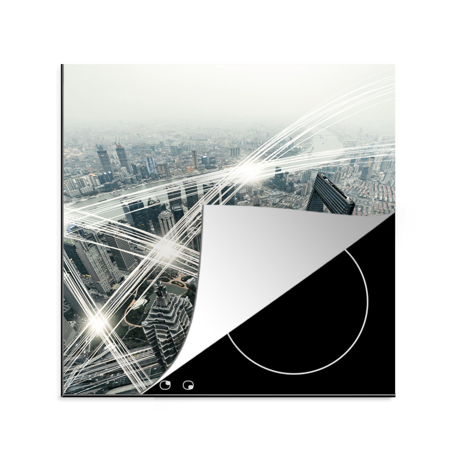 MuchoWow Herdblende-/Abdeckplatte Schwarz-Weiß-Luftaufnahme des Shanghai World Financial Center, Vinyl, (1 tlg), 78x78 cm, Ceranfeldabdeckung, Arbeitsplatte für küche
