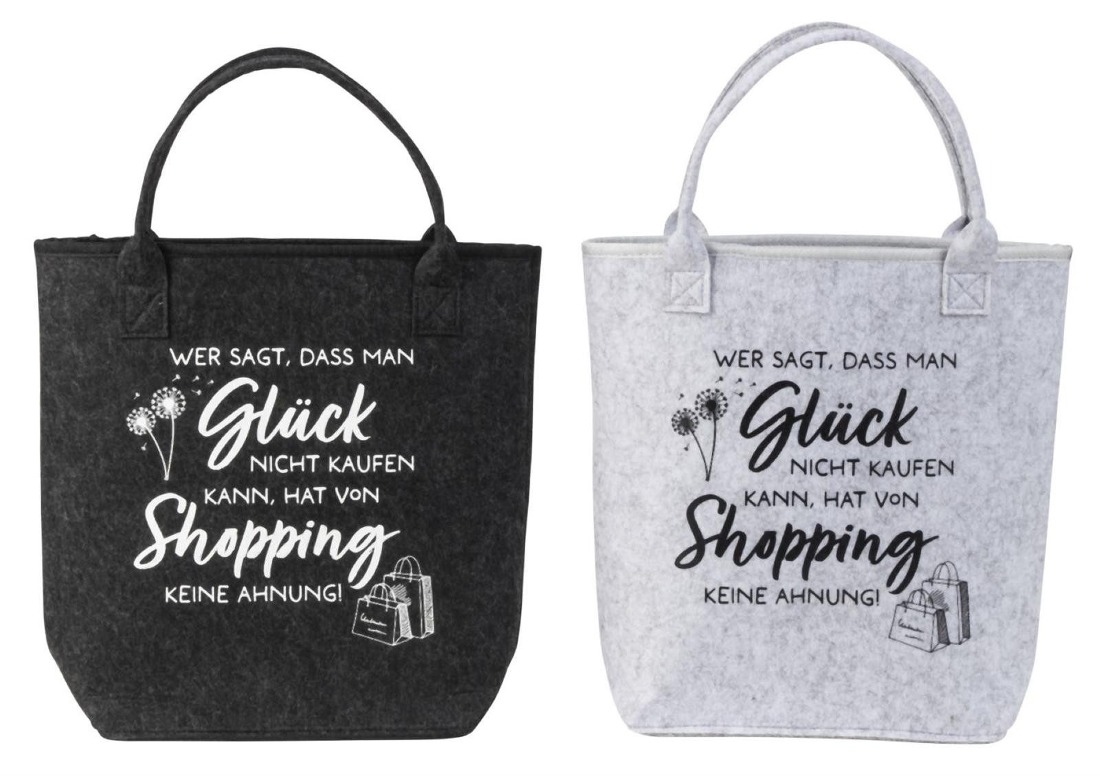 Geschenkestadl Henkeltasche Filztasche 2er Set Shopping Glück mit Innenfach Spruch grau (Spar-Set, 2-tlg., je 1 Tasche in hellgrau und anthrazit), Filztasche mit Spruch