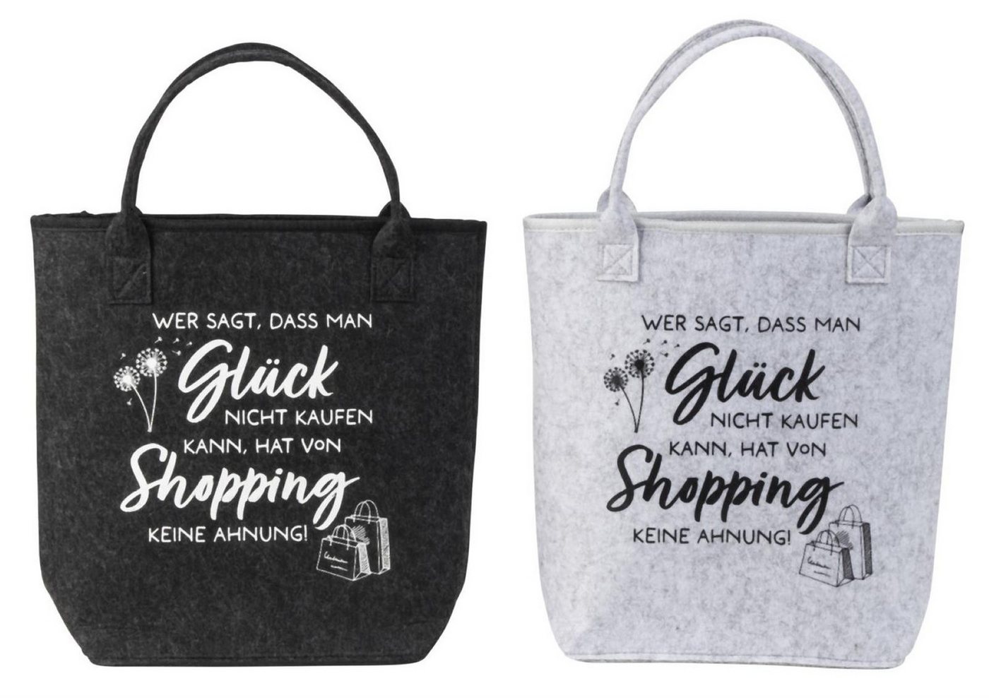 Geschenkestadl Henkeltasche Filztasche 2er Set Shopping Glück mit Innenfach Spruch grau (Spar-Set, 2-tlg., je 1 Tasche in hellgrau und anthrazit), Filztasche mit Spruch