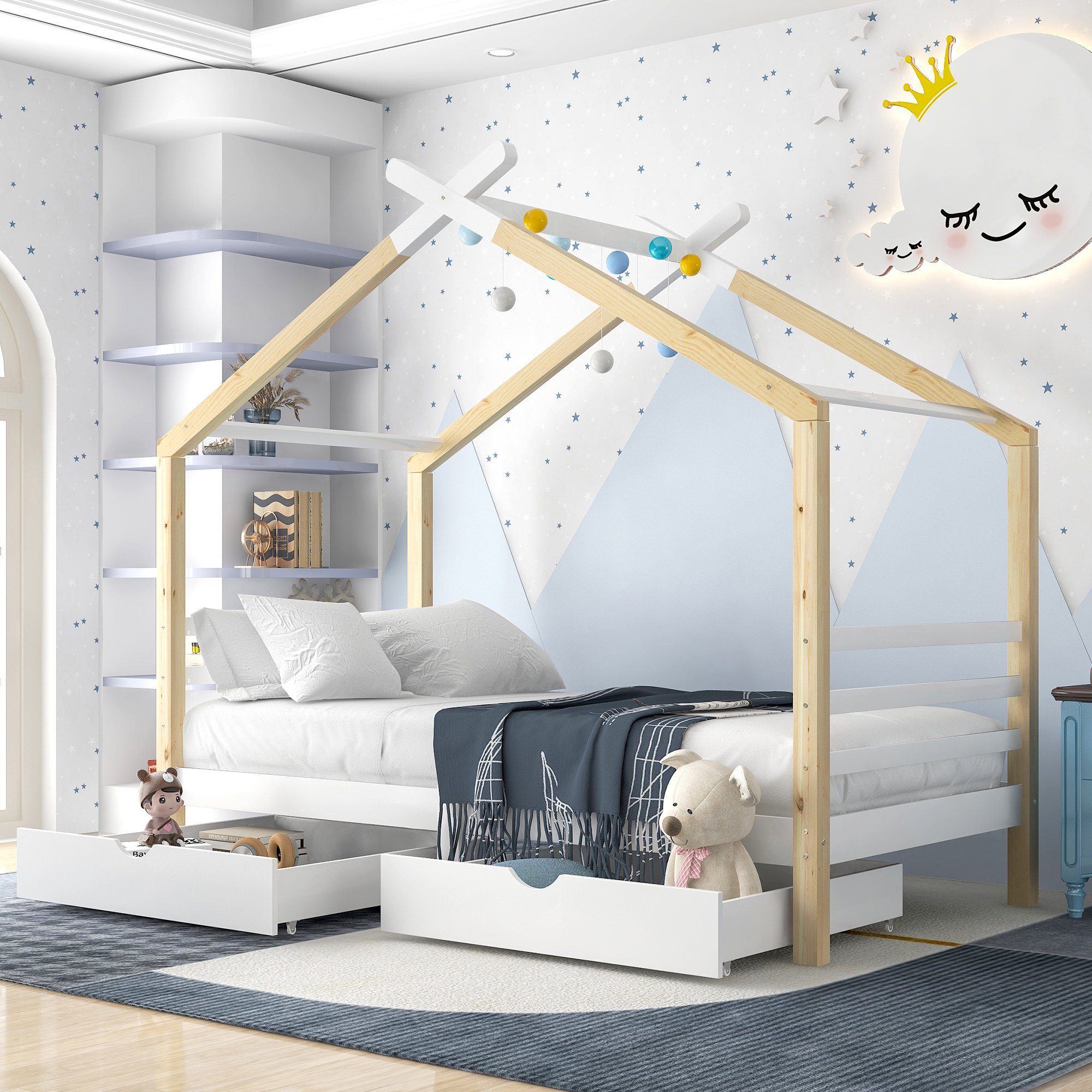 SOFTWEARY Kinderbett (Hausbett mit 2 Schubladen und Rollrost, 90x200 cm), Holzbett aus Kiefer, Einzelbett weiß