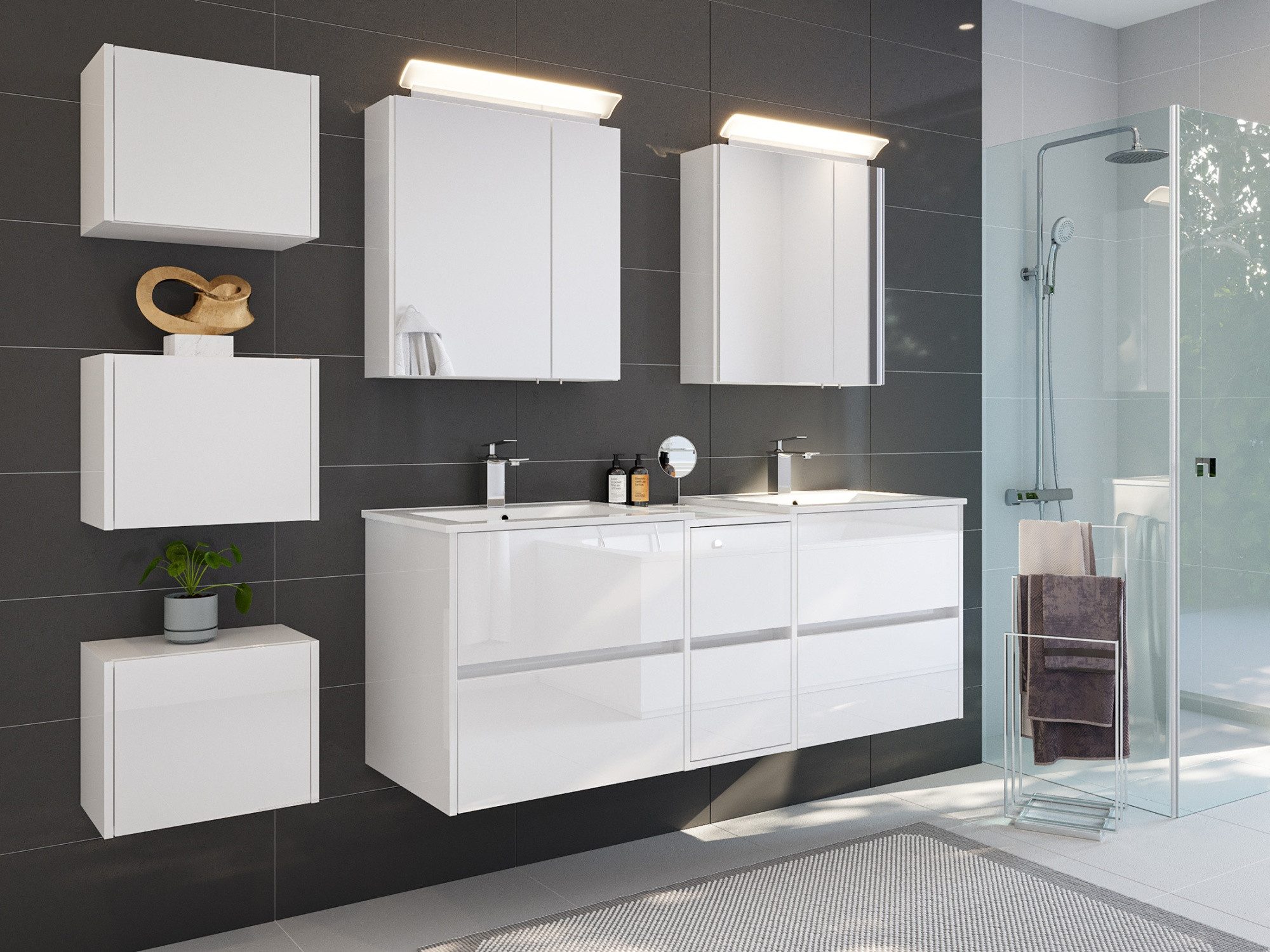 Magnolia Home Waschtisch Badmöbelset Taifun 150cm 4tlg mit 2x Spiegelschrank & 3er Boxen Set we