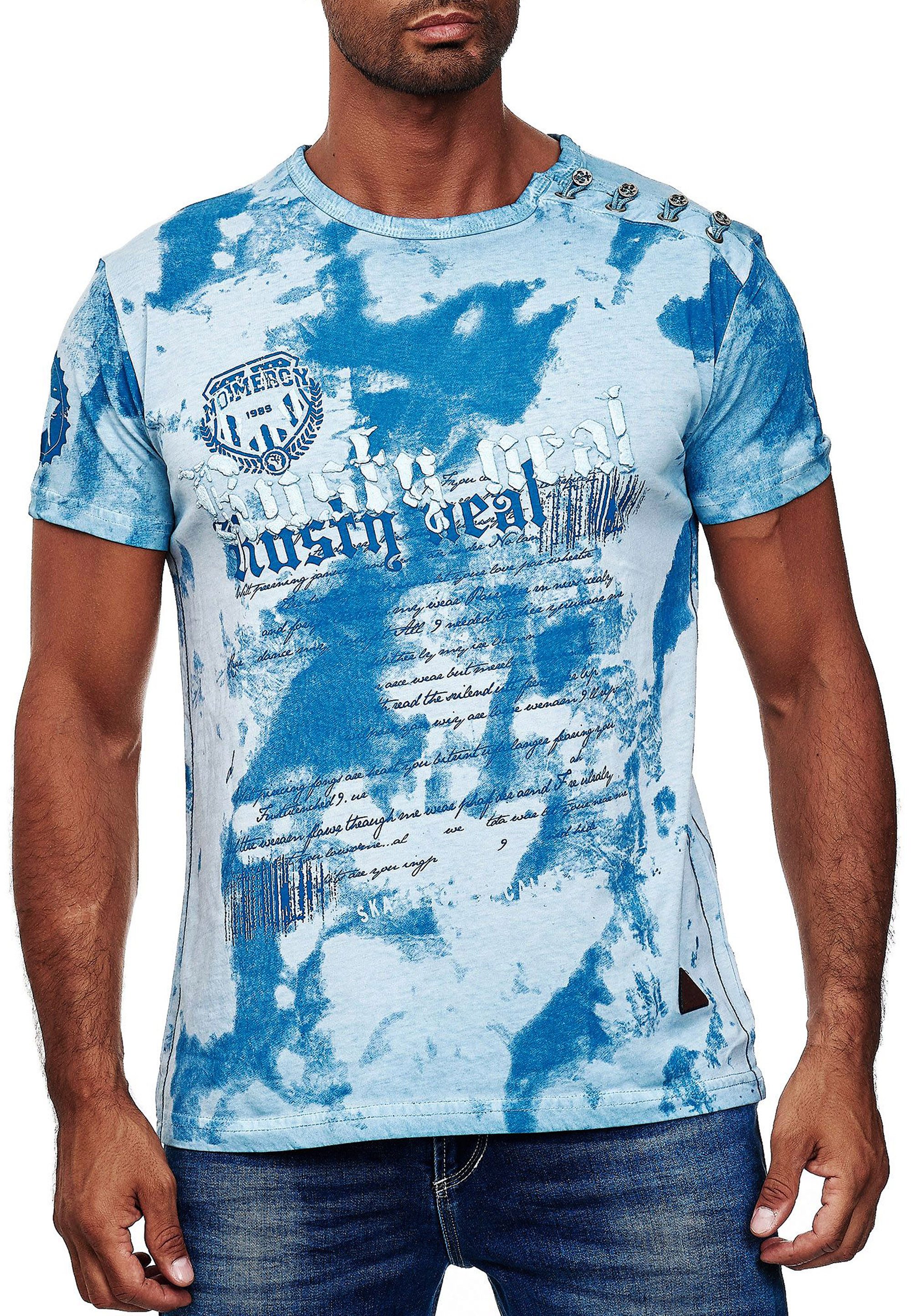 R-NEAL T-Shirt Herren T-Shirt Verwaschen mit Seitlicher Knopfleiste und Front Prints