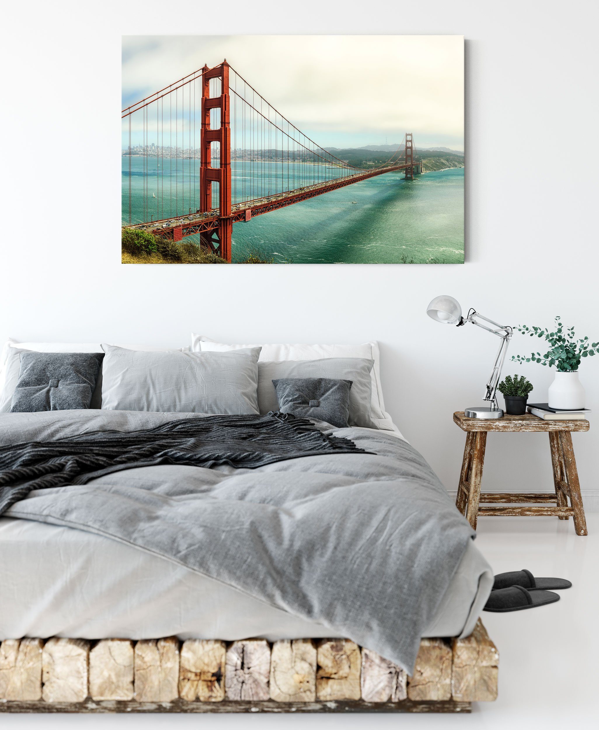 Golden Golden Bridge, (1 fertig bespannt, Pixxprint Leinwandbild inkl. Zackenaufhänger Leinwandbild Bridge Gate Gate St),
