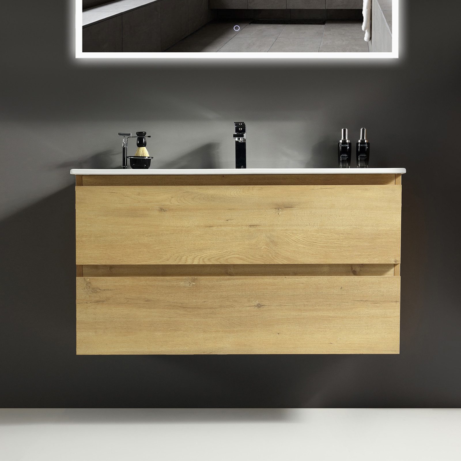 Alpenberger Badmöbel-Set Badezimmermöbel Badezimmer Schrank, (Waschplatz mit Hochschrank, Waschbecken mit Unterschrank 100 cm Breit - Eiche Natur), Badezimmerspiegel mit Beleuchtung