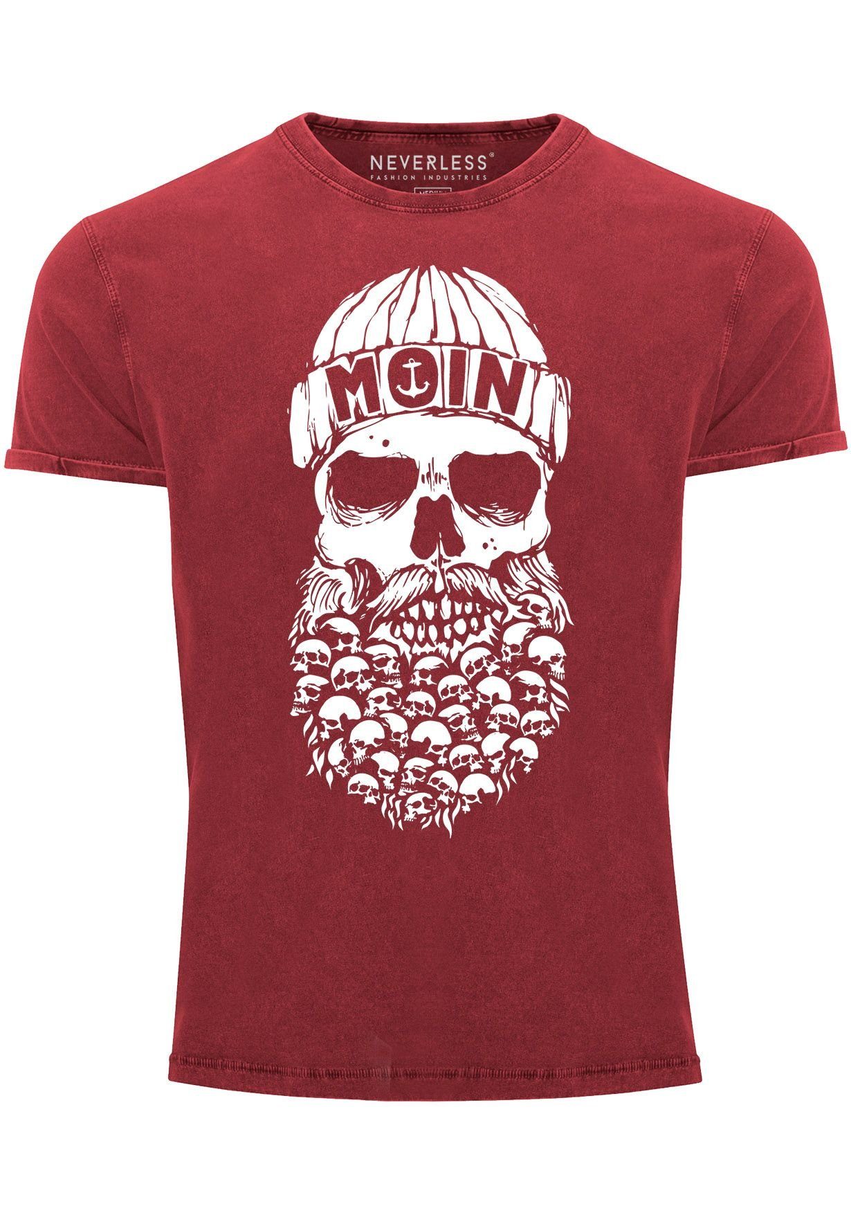 Neverless Print-Shirt Herren Vintage Shirt Totenkopf Nordisch Moin Hamburg Dialekt Skull Ank mit Print rot