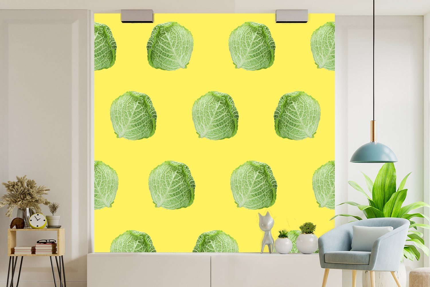 Muster (5 Wandtapete Gelb, Matt, oder bedruckt, Tapete Schlafzimmer, - Vinyl - Fototapete für St), Gemüse Kopfsalat Wohnzimmer MuchoWow -
