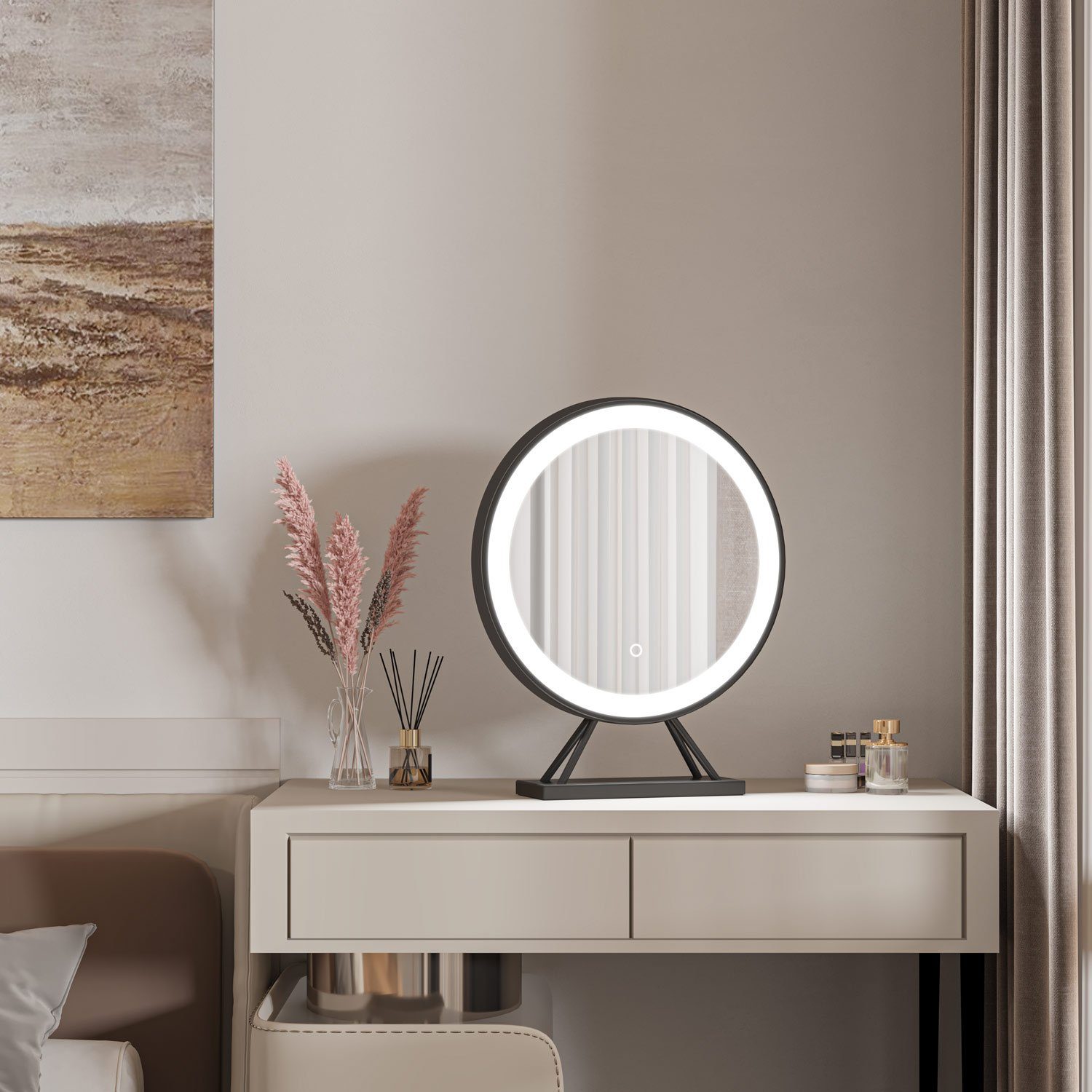 Tischspiegel, Schwarz duschspa Helligkeit-Memory Kosmetikspiegel dimmbar, Schminkspiegel LED Lichtfarbe, 3