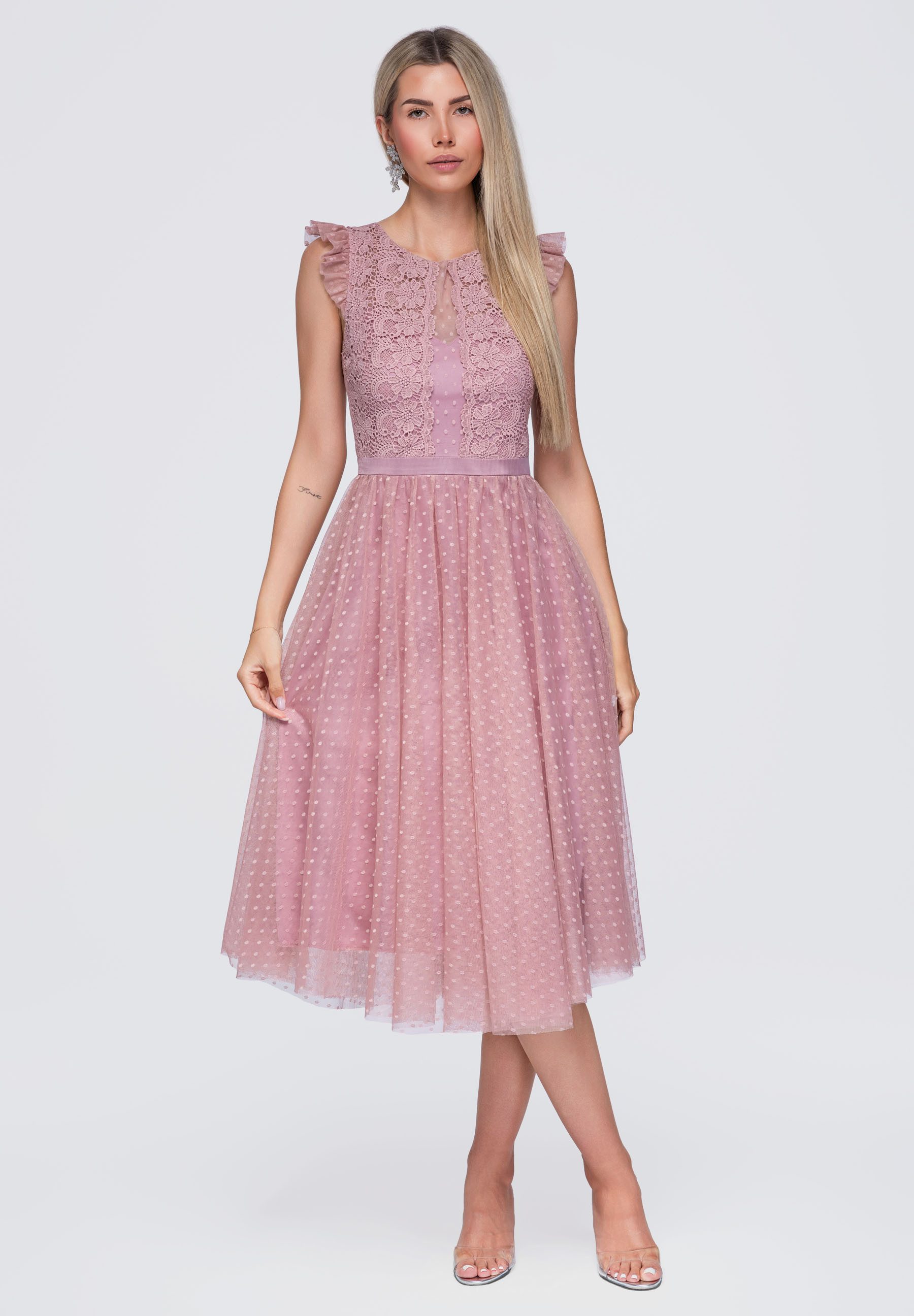 OMBRE Abendkleid Damen Midi-Kleid mit Rüschen und Rundhalsausschnitt Pink M (kein Set, 1-tlg) mit Volant