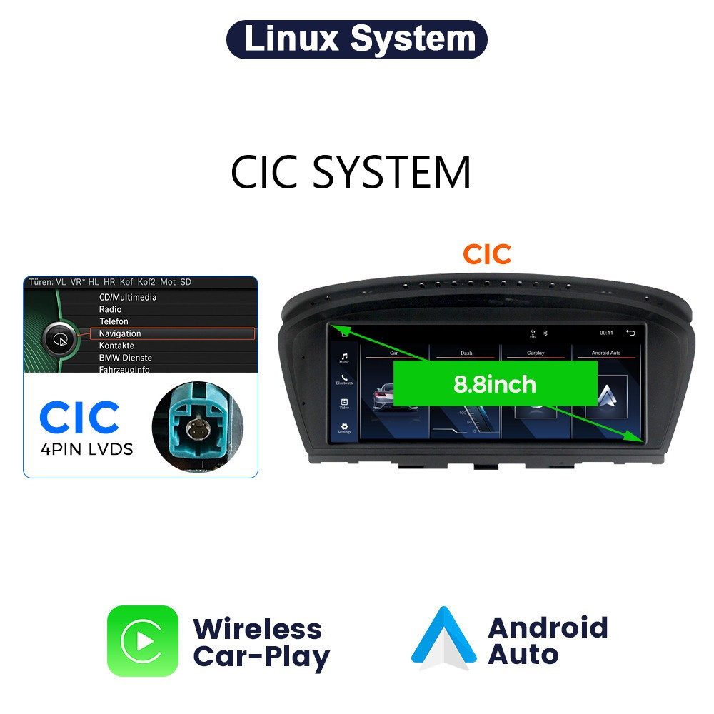 GABITECH 8.8" Drahtlos CarPlay/Android Auto für BMW E60 E61 E90 E91 E92 CIC Einbau-Navigationsgerät (Kabellos Apple Carplay und Android Auto, Linux System)