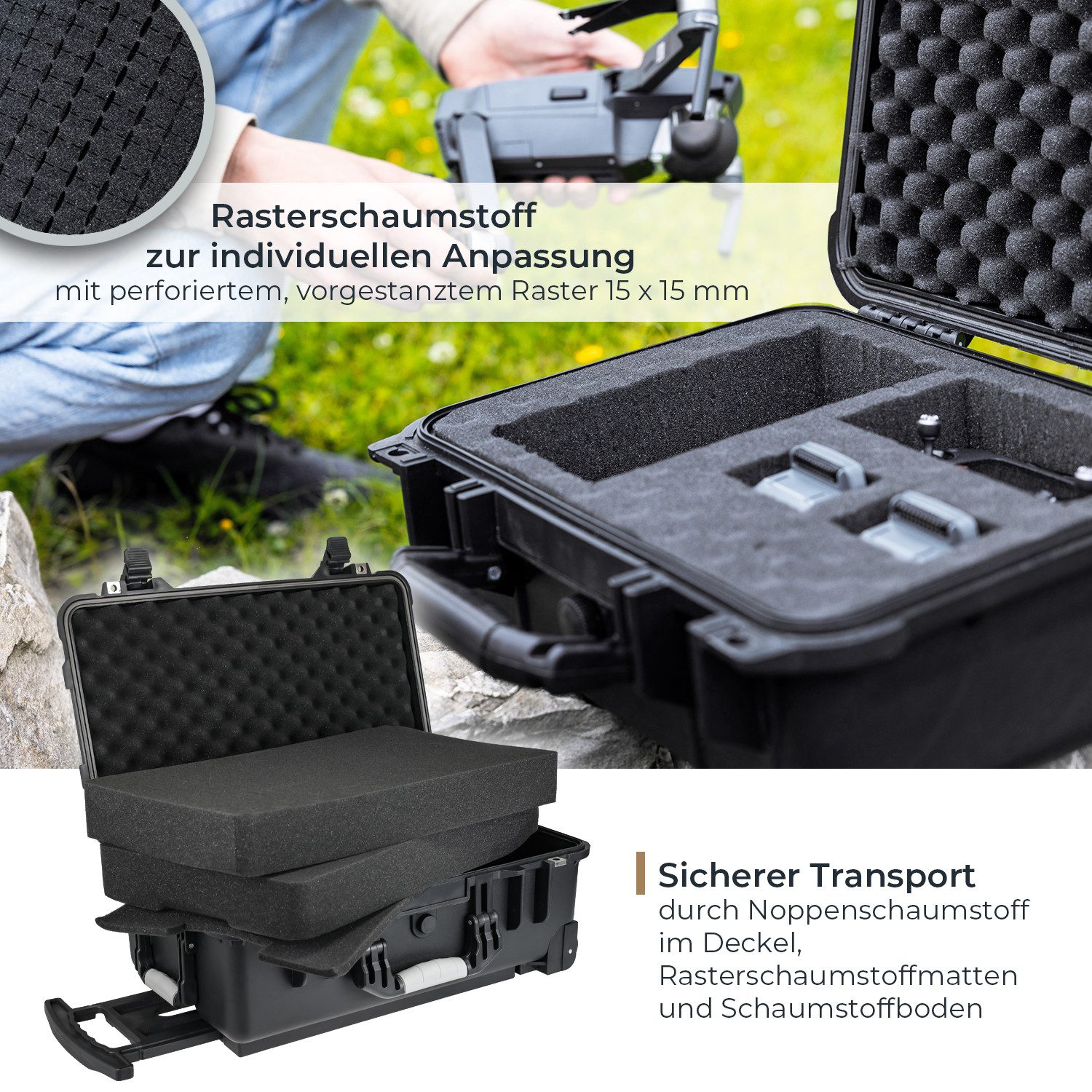 HMF Kameratasche Outdoor-Trolley, ODK400, Fotokoffer, Kamerakoffer, Rasterschaumstoff, 56 x 34,5 x 23 cm, Schwarz