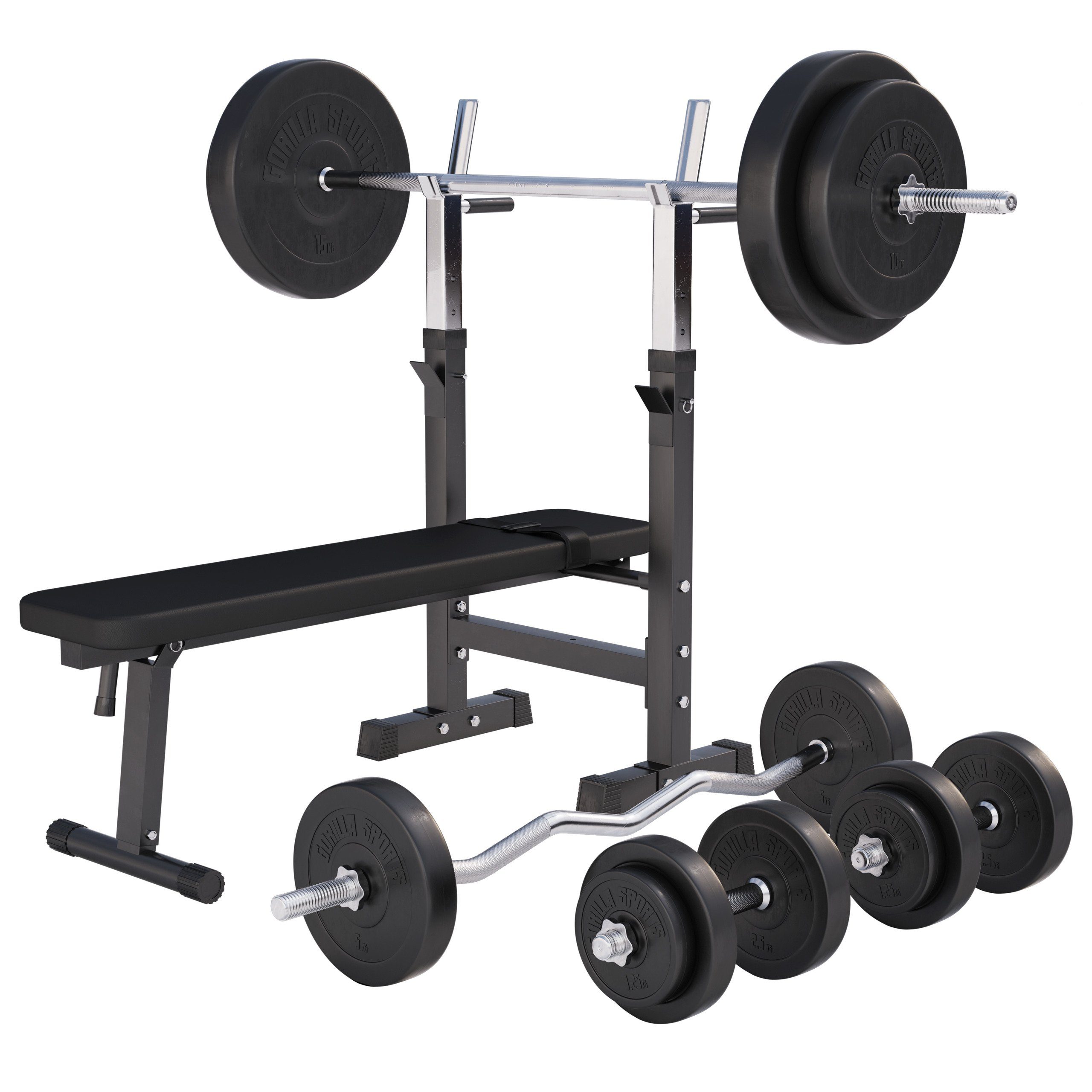 GORILLA SPORTS Hantelbank Hantelbank mit Langhantelset, (19-tlg)