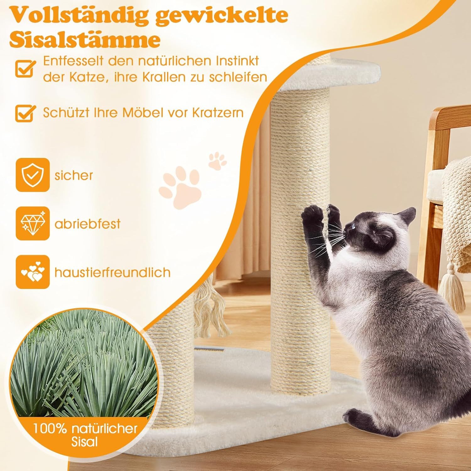 KOMFOTTEU Kratzbaum, Kratzbrett mit Sisal-Säulen & Hängender Ball