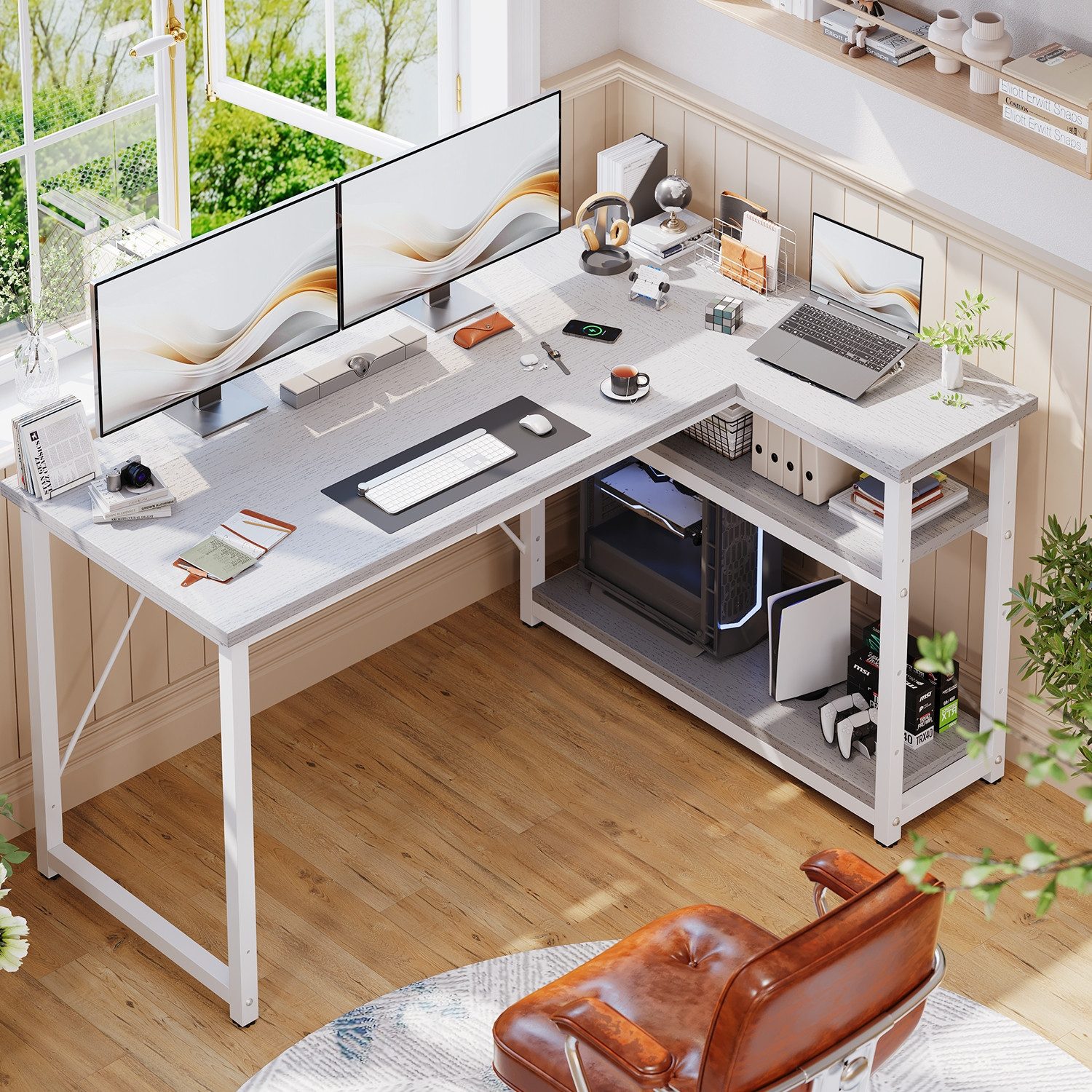 GUNJI Eckschreibtisch Eckschreibtisch Umkehrbarer L-förmiger Computer schreibtisch mit Hutch (Maße: 1 m/1,2 m/1,4 m/1,6 m, Schreibtisch mit verstellbaren Einlegeböden)