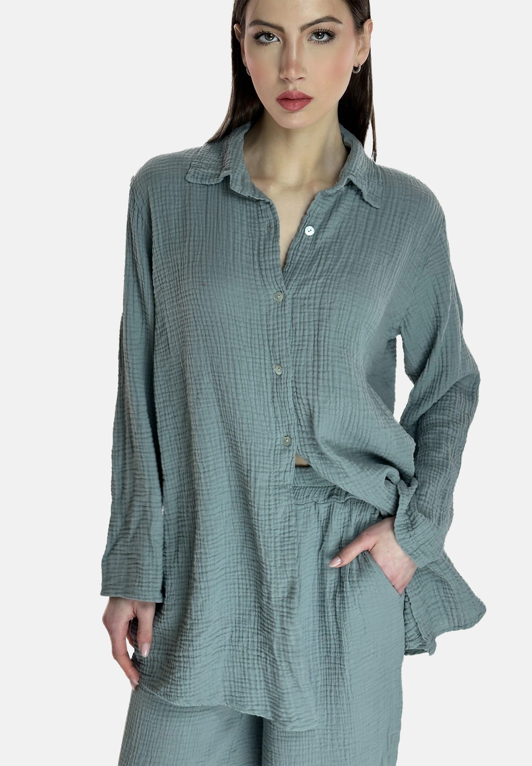 Elara Anzug Damen Zweiteiler aus Musselin mit Oversize-Hemd und weiter Hose (Set, Set)