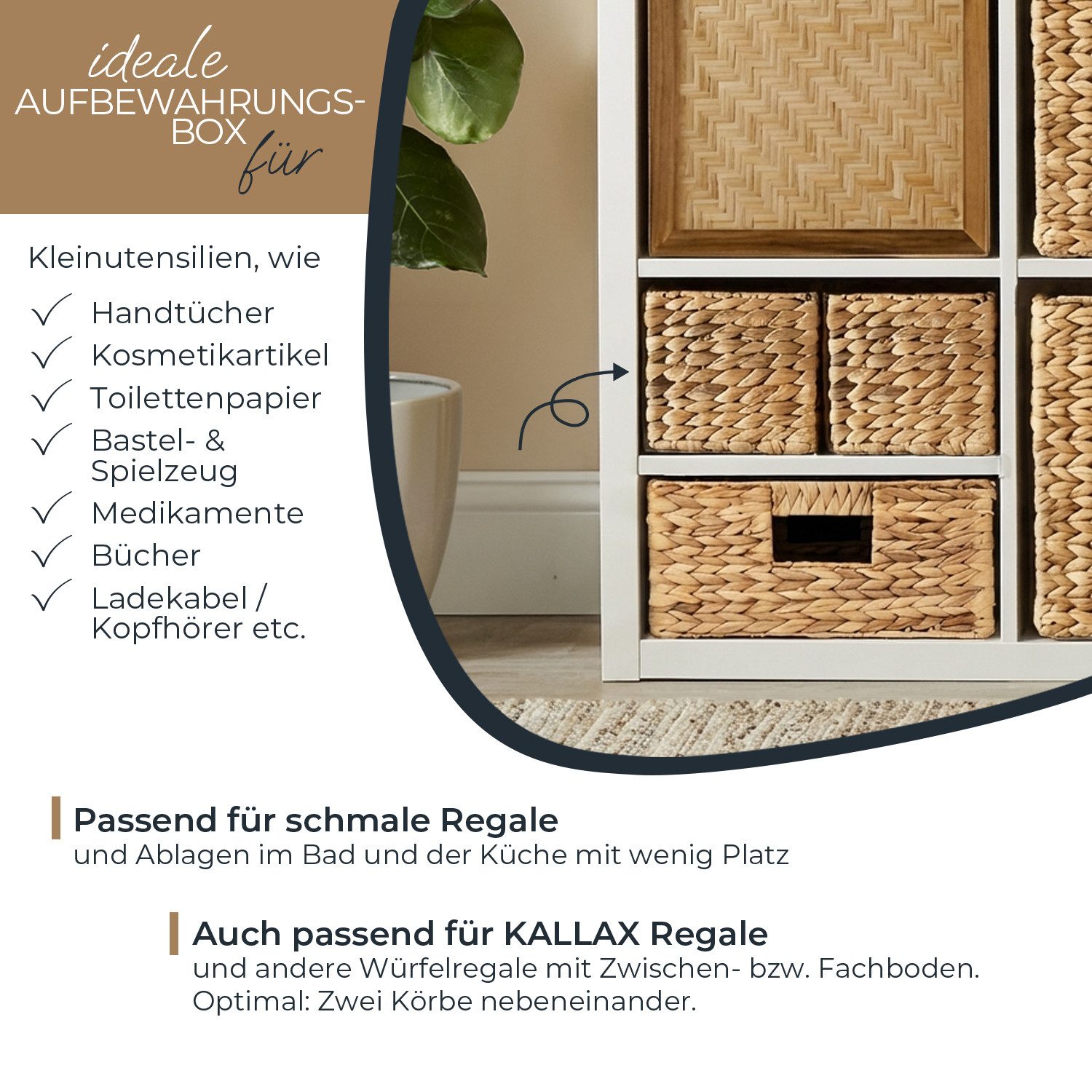 HMF Aufbewahrungskorb Aufbewahrungskorb passend für KALLAX halbes Fach, Korb geflochten aus, Wasserhyazinthe für Badezimmer, Küche und Wohnbereich 38 x 15 x 14 cm