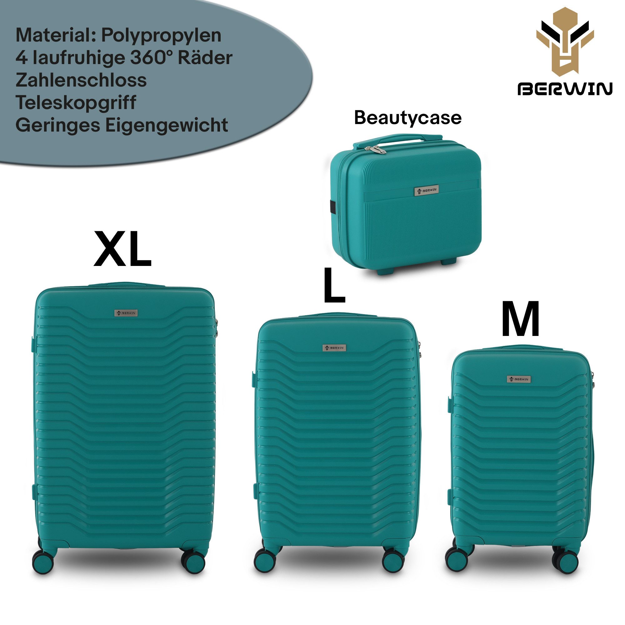 Berwin Trolleyset mit Beautycase Modell Calma Aqua Breeze, 4 Rollen, (Set, 4 tlg., MS-19786)