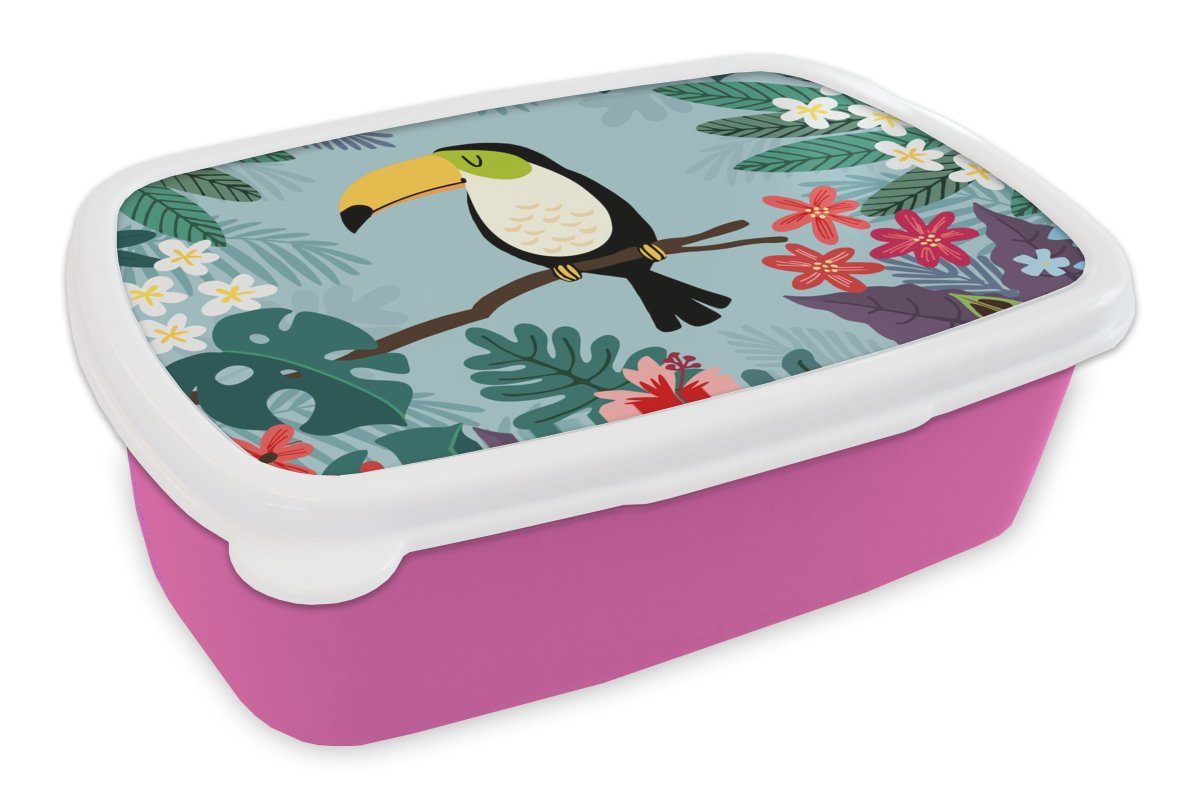 MuchoWow Lunchbox Tukan - Pflanzen - Kinder - Tiere - Kinder, Kunststoff, (2-tlg), Brotbox für Erwachsene, Brotdose Kinder, Snackbox, Mädchen, Kunststoff rosa