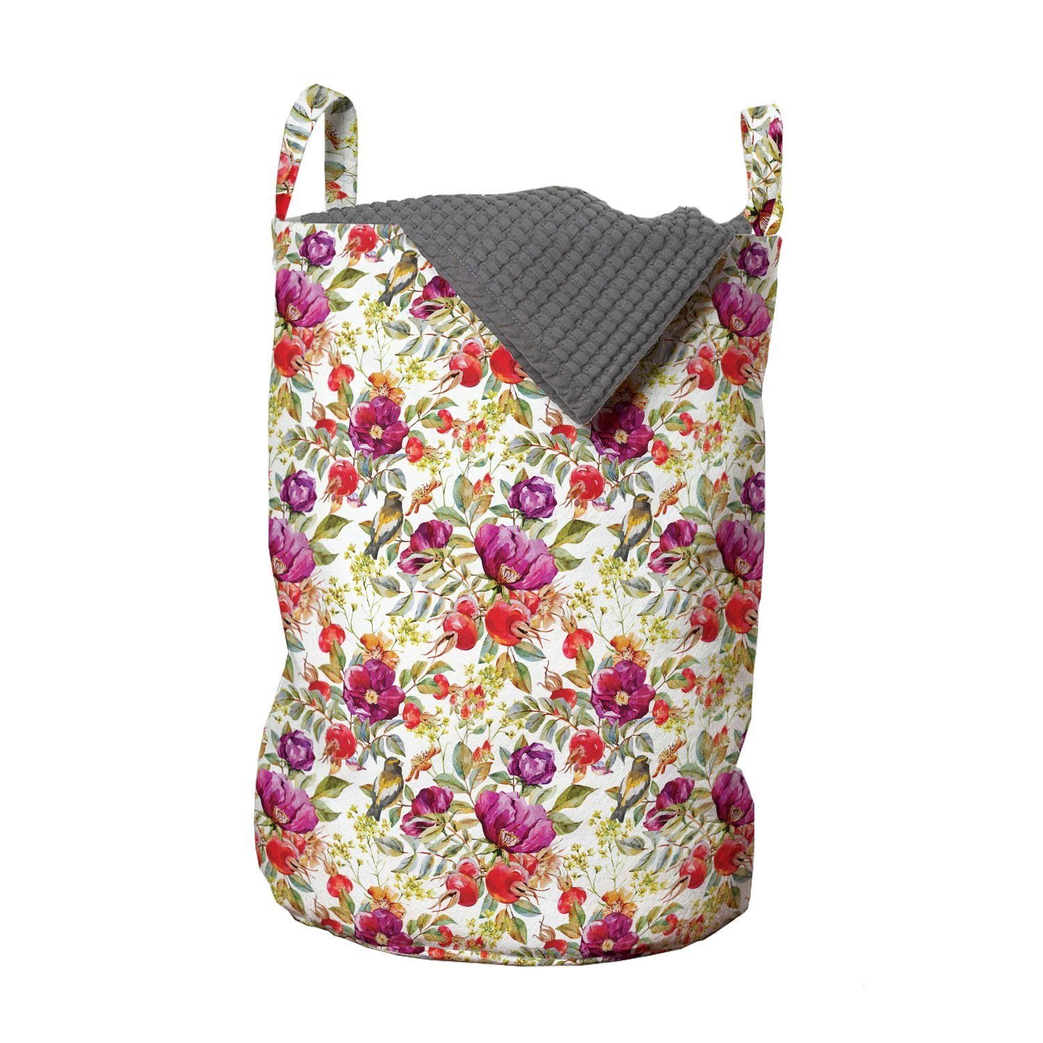 Abakuhaus Wäschesäckchen Wäschekorb mit Griffen Kordelzugverschluss für Waschsalons, Natur Pink Lila Blumen