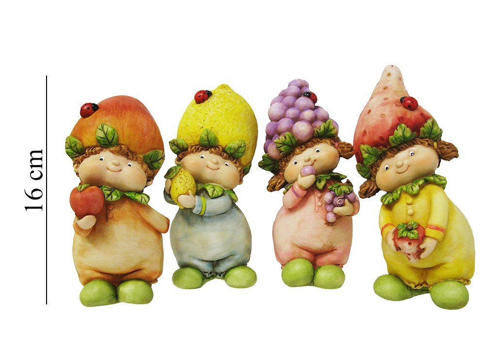4er Obst, Früchtekinder und mit Sommer H.: Deko 16cm aus ELLUG Kunststein Figuren stehende Früchtehut Dekofigur Set