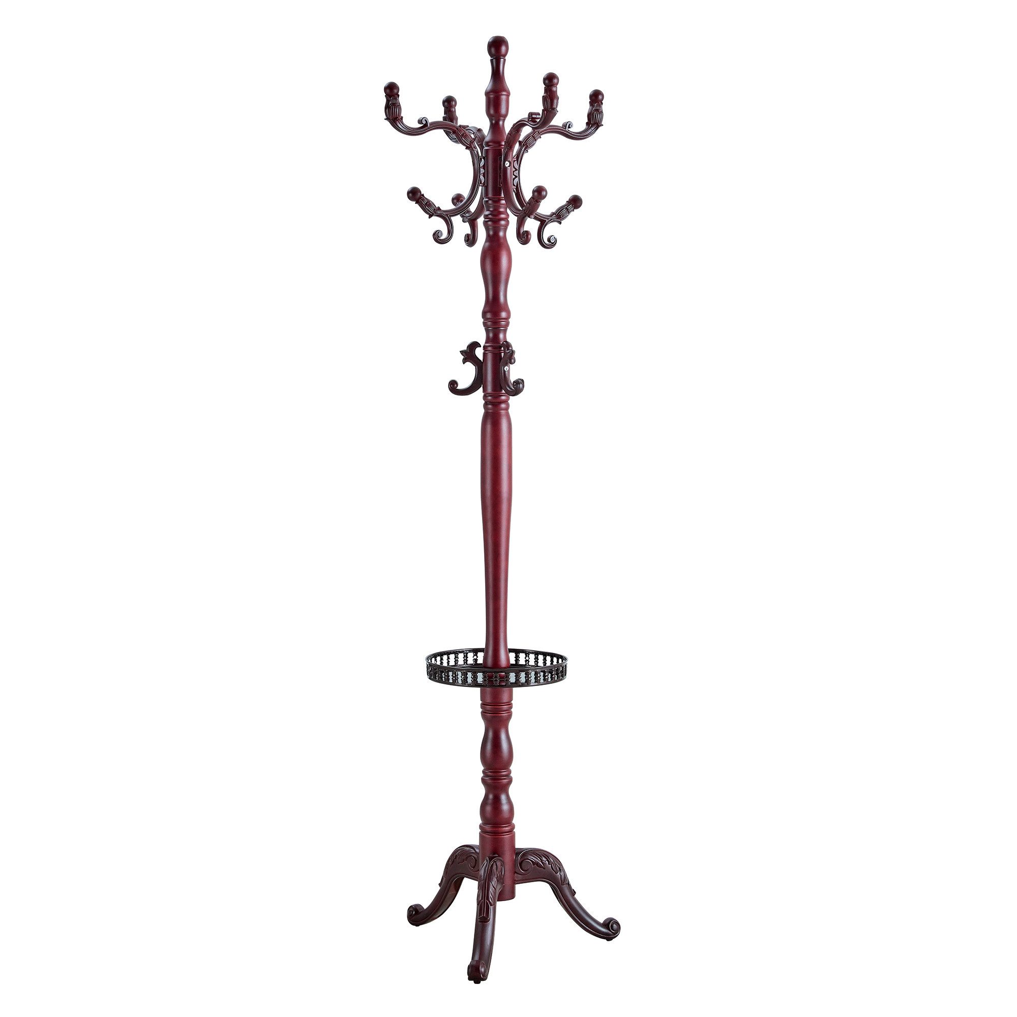 JUFU Garderobenständer aus massivem Buchenholz im klassischen Stil, 195 cm hoch, (1 St), mit Metallablage, abgerundeten Haken & stabilem Dreibein