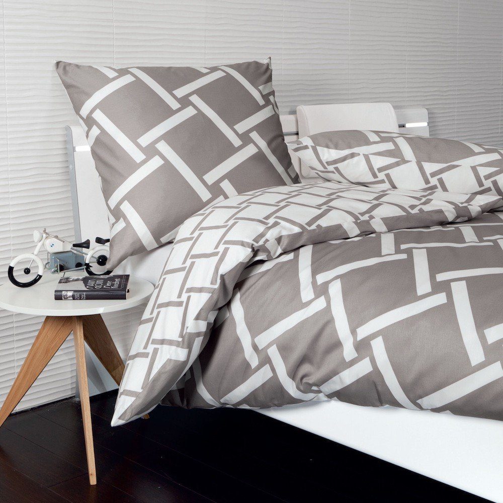 Janine Bettwäsche J.D. 8480 07 taupe, Mako-Satin, 2 teilig, Streifen-Design