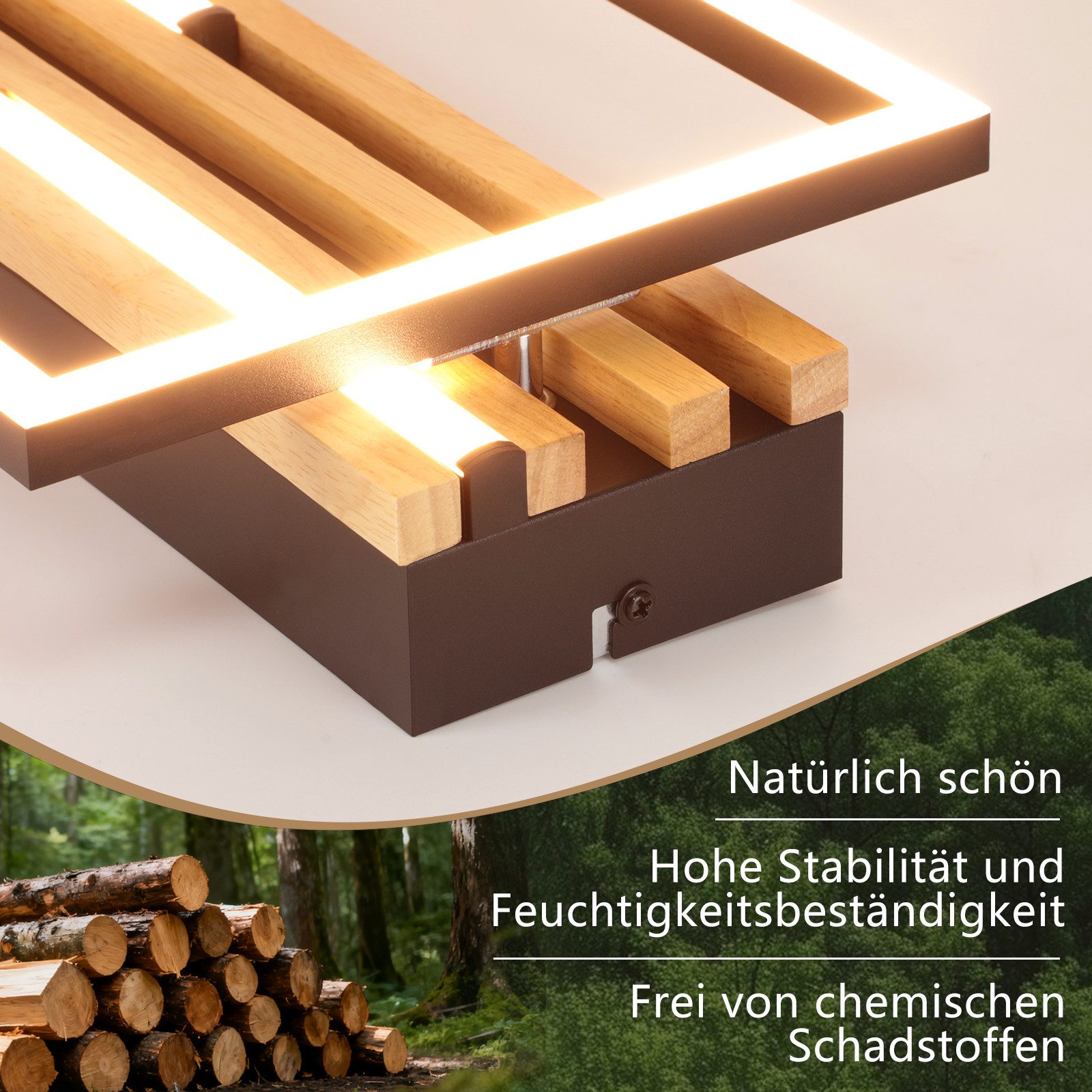 Nettlife LED Deckenleuchte Dimmbar Holz 2/3/4 Ringe Modern Deckenlampe Wohnzimmer, LED fest integriert, 24W 38*20.9*6.8CM für Schlafzimmer Büro Küche – Bild 2 von 5