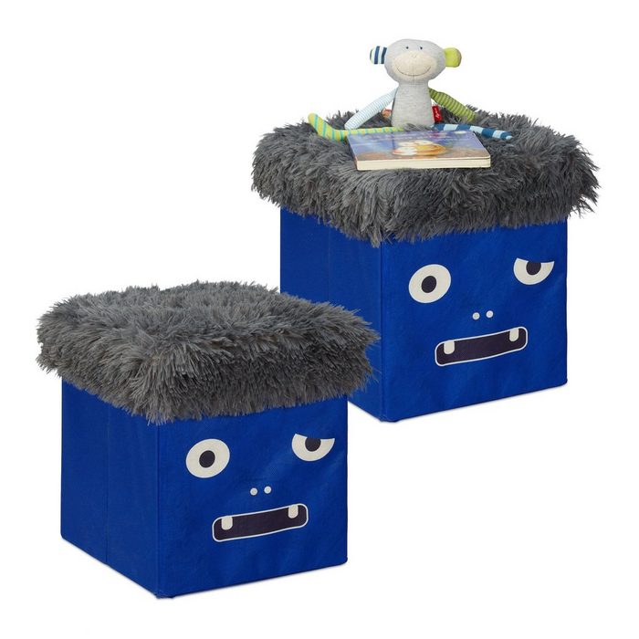 relaxdays Sitzhocker 2 x Sitzhocker Kinder Monster blau-grau
