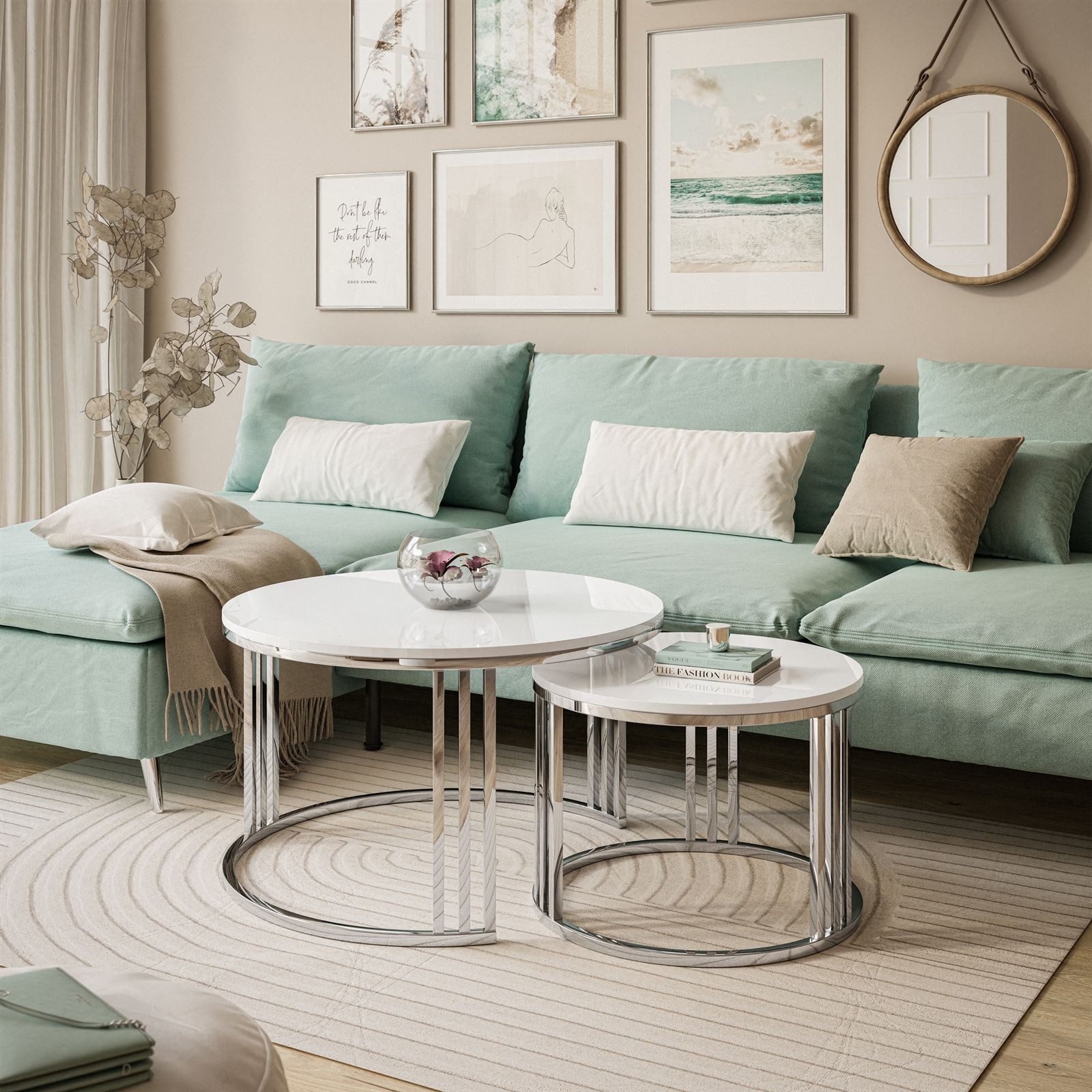 Lookway Couchtisch LORI 2in1 runder Couchtisch mit silber chrom gestell (2er Set), Durchmesser: ⌀70 cm und ⌀50 cm