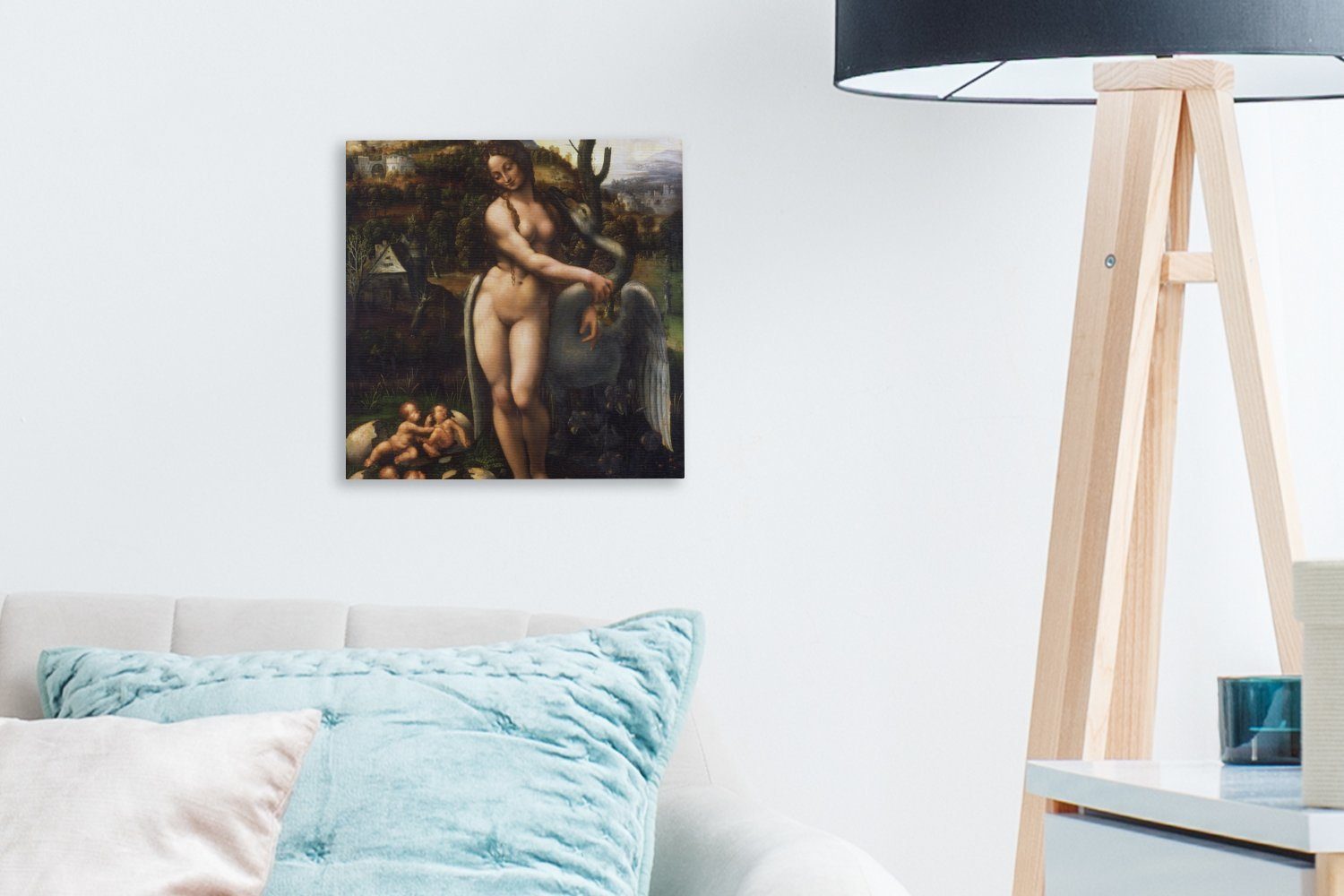 OneMillionCanvasses® Leinwandbild Leda und Leinwand (1 für der Bilder Leonardo Wohnzimmer St), Schlafzimmer da Vinci, Schwan bunt 