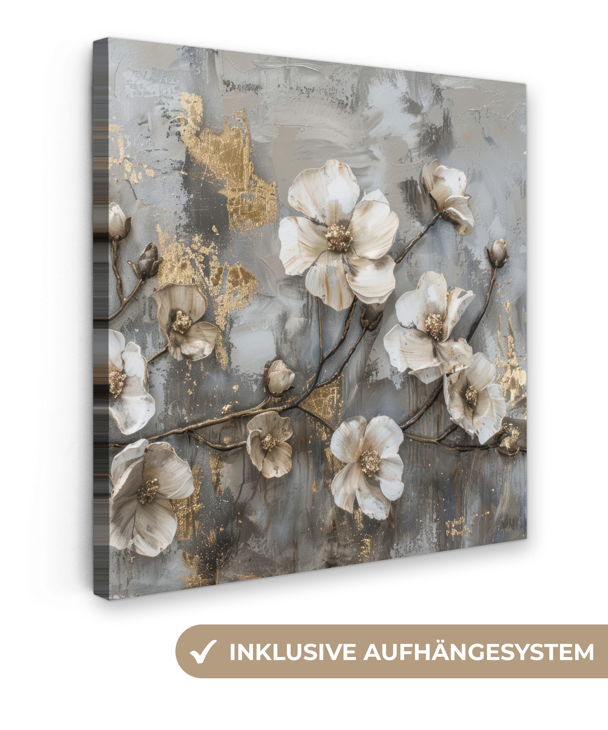 OneMillionCanvasses® Leinwandbild Blumen - Weiß - Grau - Gold - Luxus, Foto günstig online kaufen