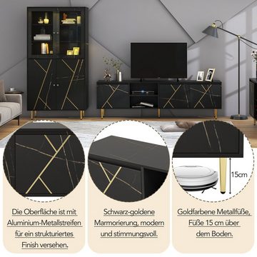 OKWISH Sideboard Sideboard (TV-Schrank für 90-Zoll-Fernseher mit 3 Türen, Großer 200x35x60 cm), modernem Schwarz-Gold-Design