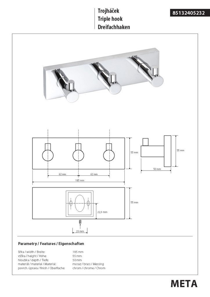 BRILLANTBAD® Hakenleiste META Dreifachhaken Messing Chrom poliert Bad & Küche >>Bohren / Kleben