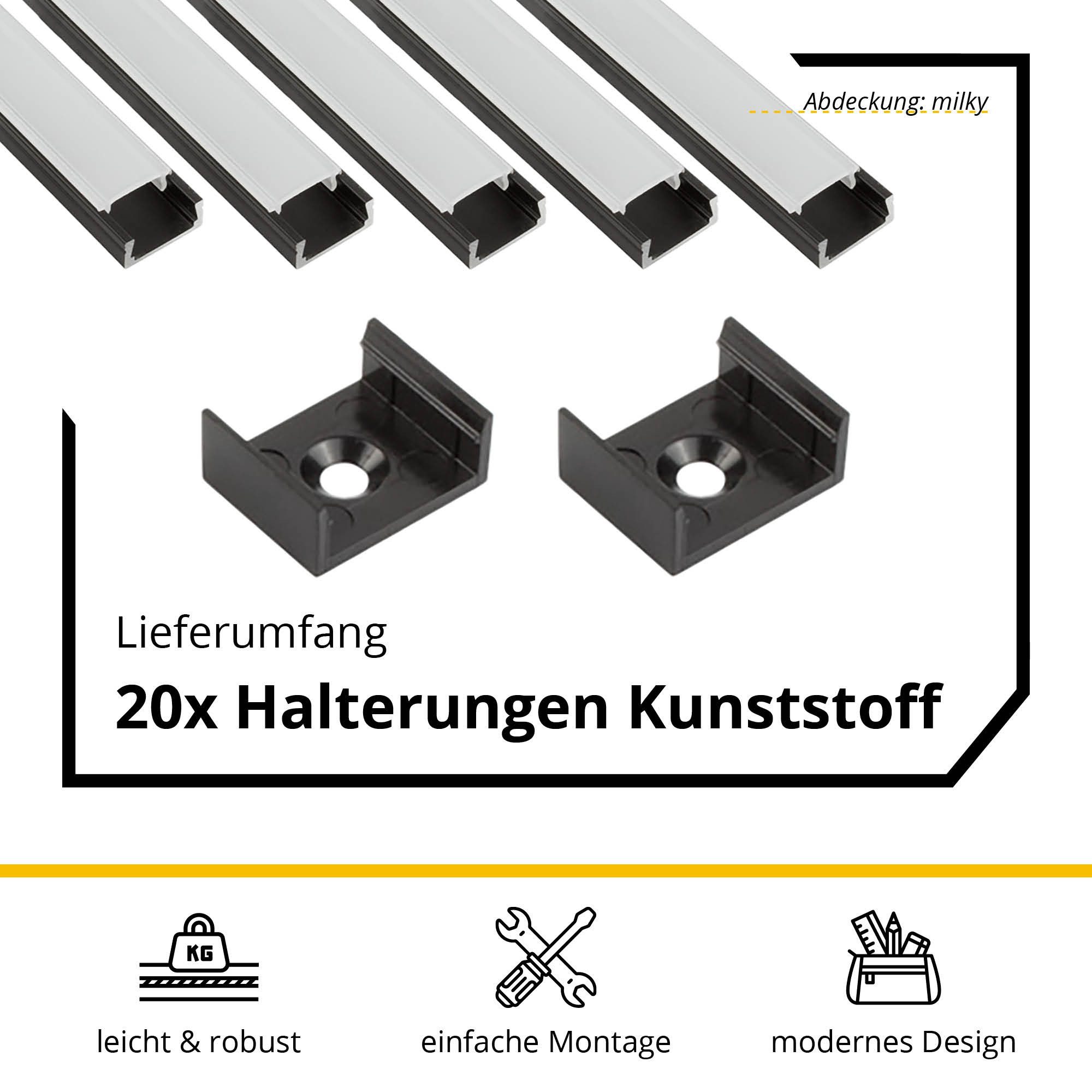 tktrading24 LED-Stripe-Profil 5x A15 LED Profil 2m - Schwarz inkl. Abdeckung, Halter & Endkappen – Bild 4 von 5