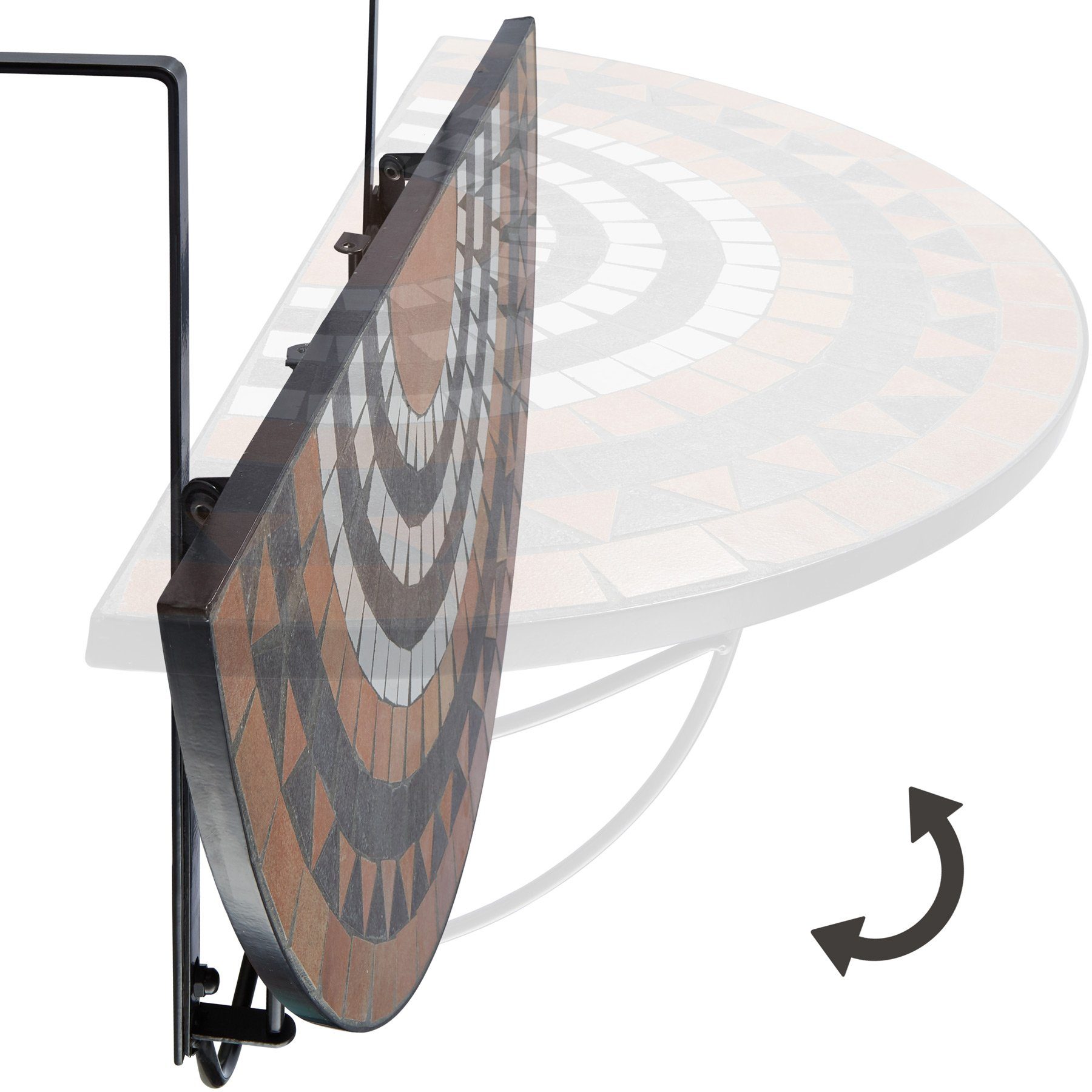 tectake Balkonhängetisch Balkontisch zum Einhängen, 75 x 65 x 62 cm, mit soliden Metallhaken (Klappbarer Balkontisch, 1-St., in terracotta/weiß), Stahl, Mosaik und Zement, halbkreisförmig, klappbar, massive Platte