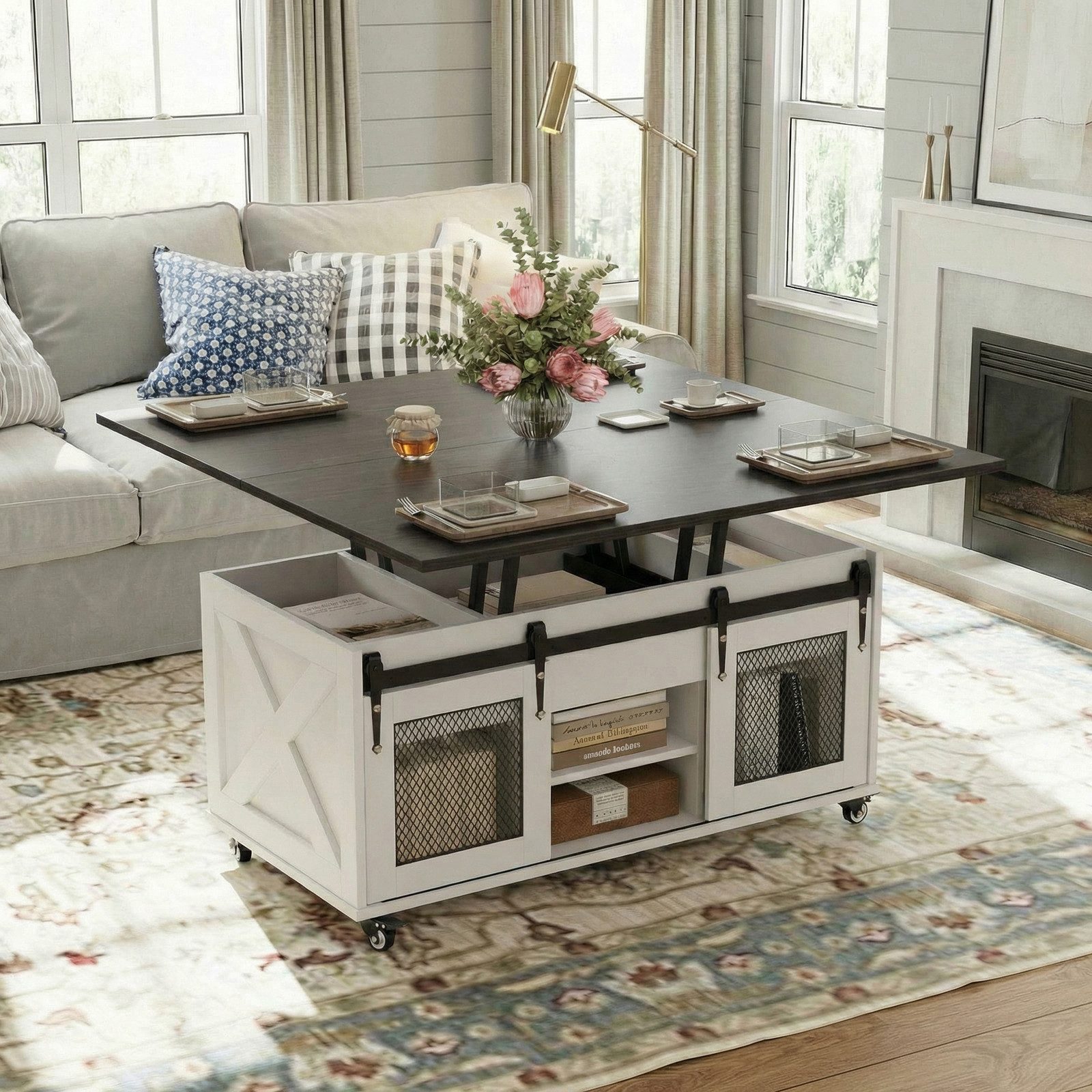 VOWNER Couchtisch 3-in-1 Wohnzimmertisch mit Rollen & Versteckaufbewahrung (1-St), Höhenverstellbarer Esstisch, Bauernhausstil