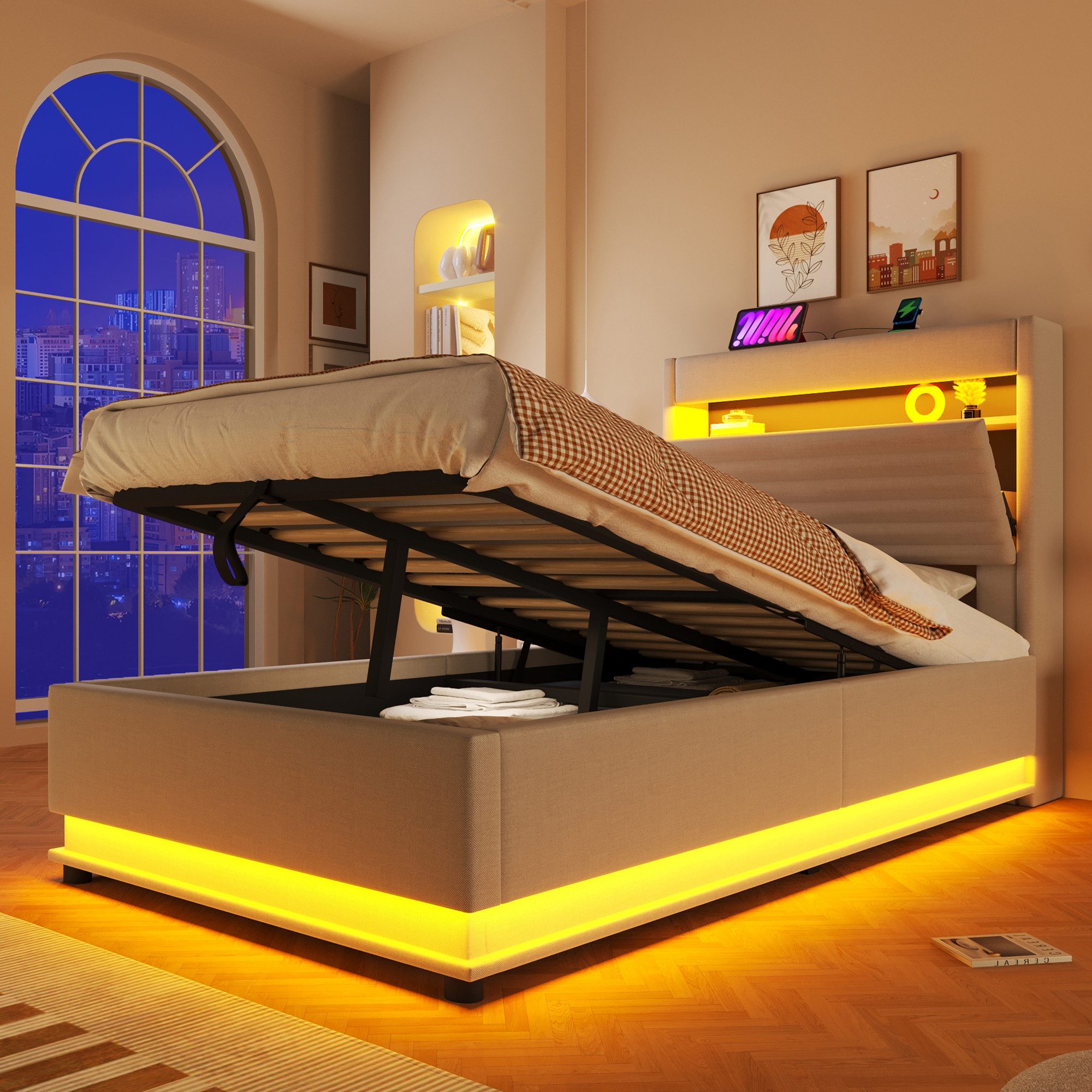 Merax Polsterbett mit LED-Beleuchtung und USB/Typ-C Ladefunktion (Leinenstoff, 1-tlg., Mehrzweckbett), Jugendbett 140x200cm mit hydraulischem Stauraum & Flip-Top-Staufach