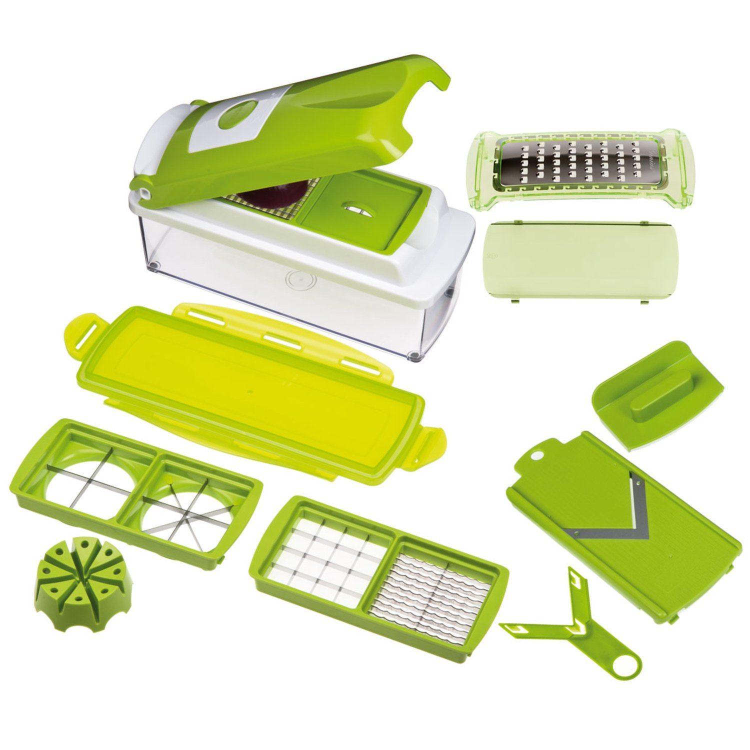 Genius Gemüseschneider Nicer Dicer Plus, Set 12-tlg. mit Messer 6x36 & 18x18 mm, kiwigrün, Selbstreinigungsfunktion