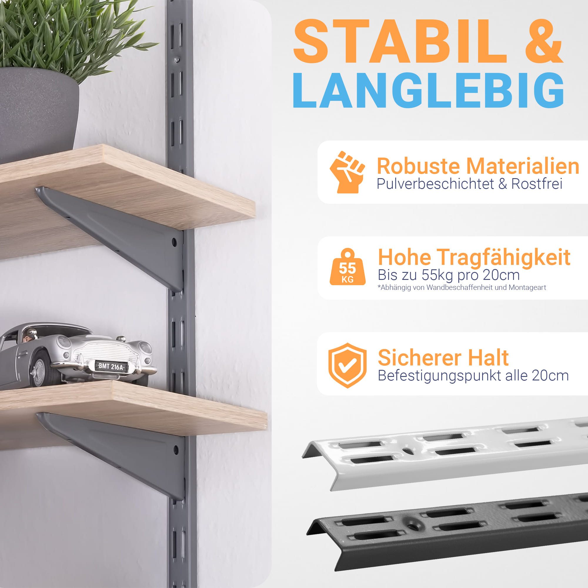 BOOMET Wandregalhalter Wandschienen für Regalsystem 2-reihig, 2-tlg., Weiß 50cm Regalschienen Wandregal Schiene – Bild 3 von 5